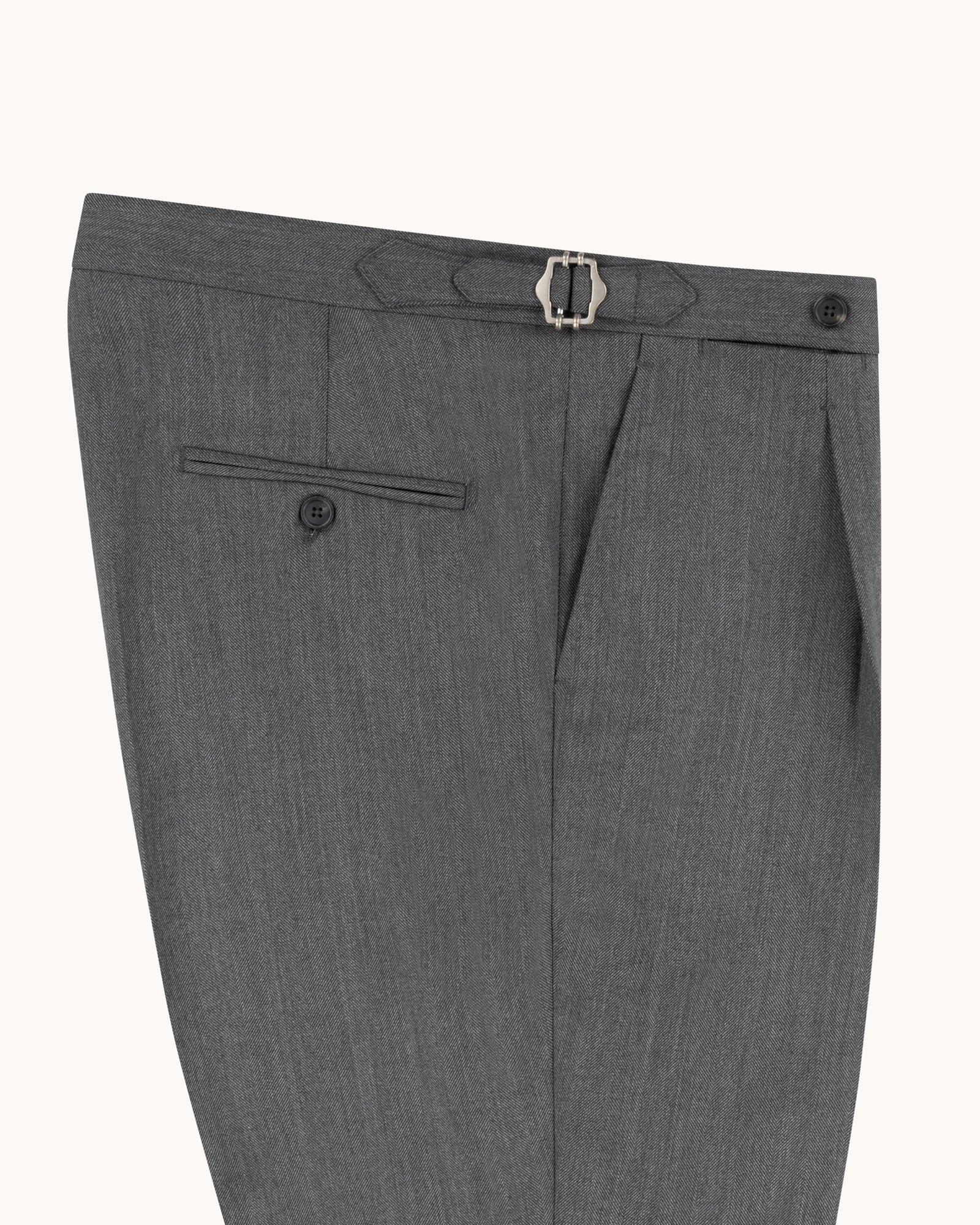 Single Pleat Trouser - Mid Grey Herringbone Wool