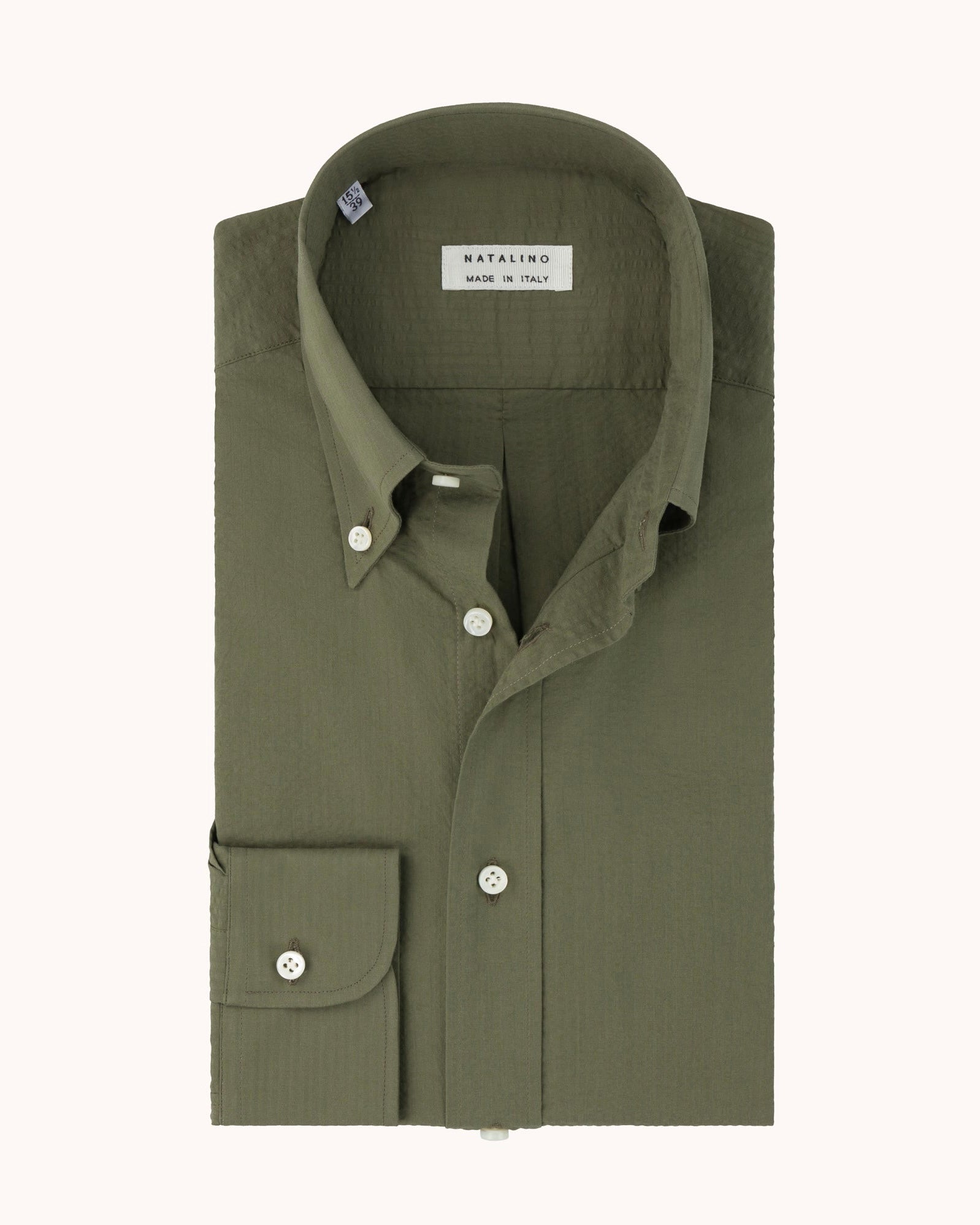 Button Down Collar Shirt - Olive Green Cotton Seersucker