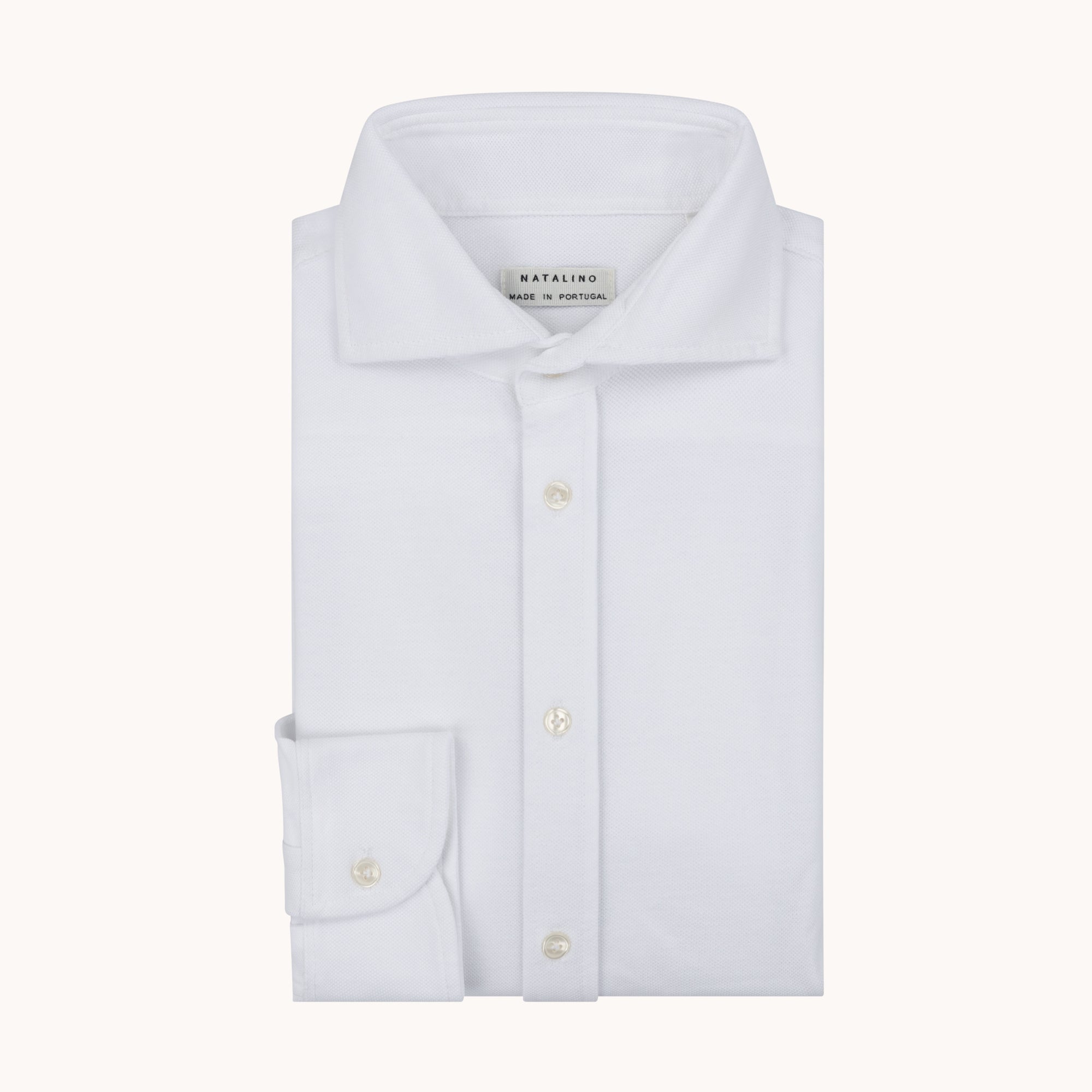 Long Sleeve Spread Collar Pique Cotton Shirt - White