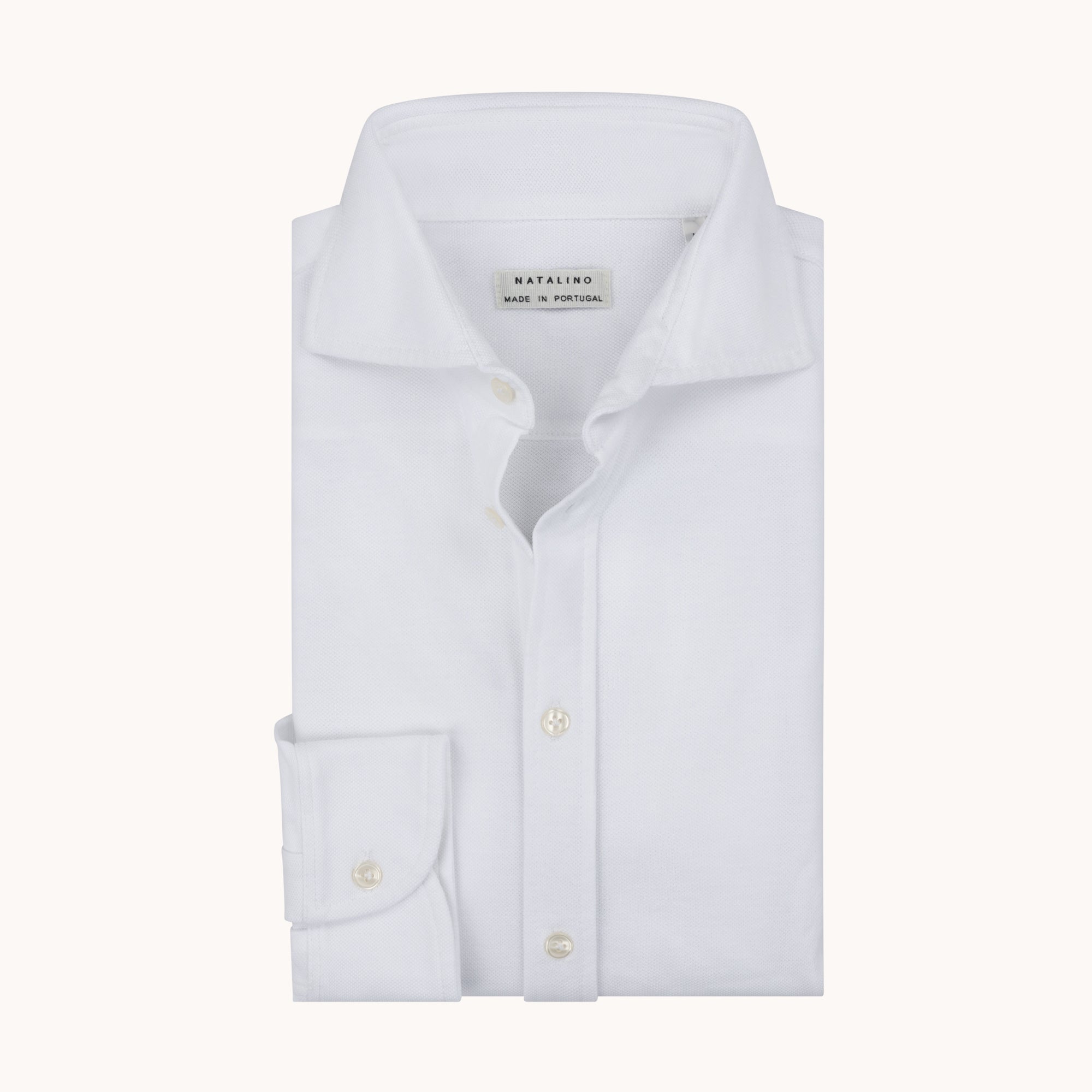 Long Sleeve Spread Collar Pique Cotton Shirt - White