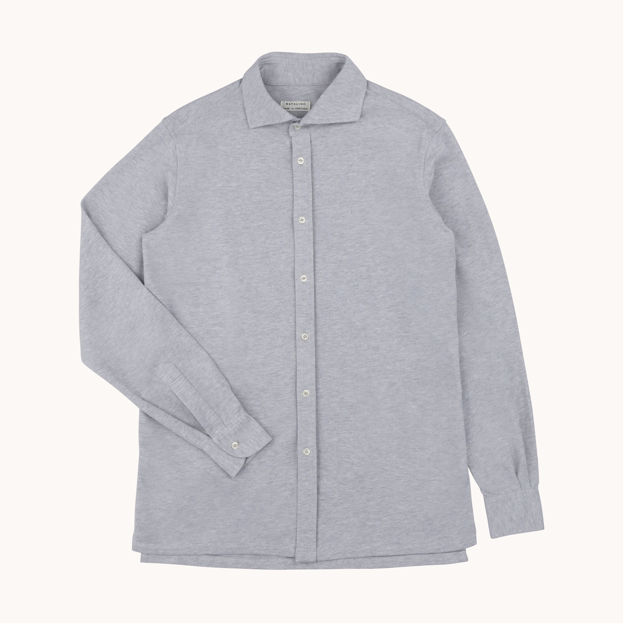 Long Sleeve Spread Collar Pique Cotton Shirt - Grey