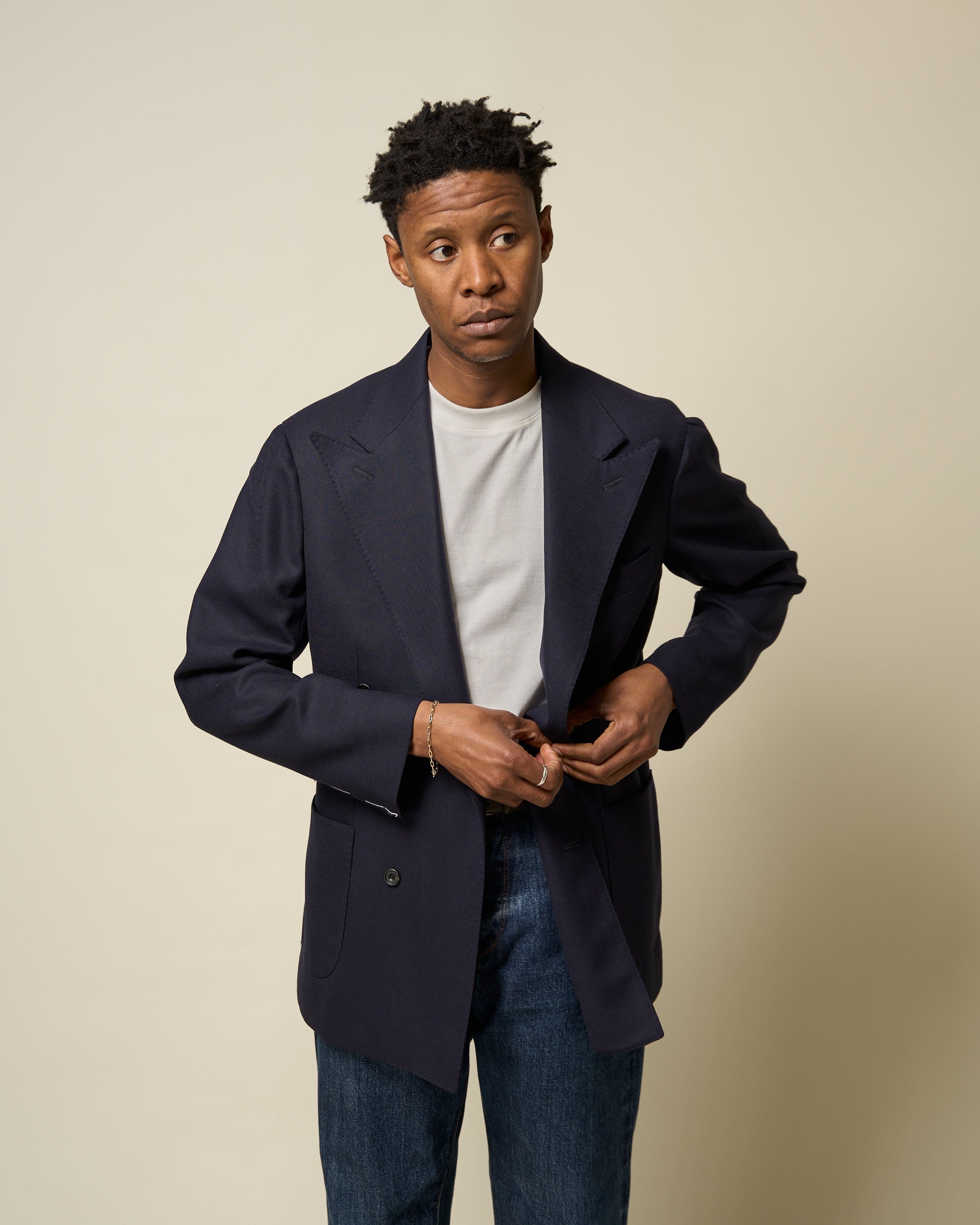 Double Breasted Sport Jacket - Navy Mock Leno Wool Hopsack – Natalino