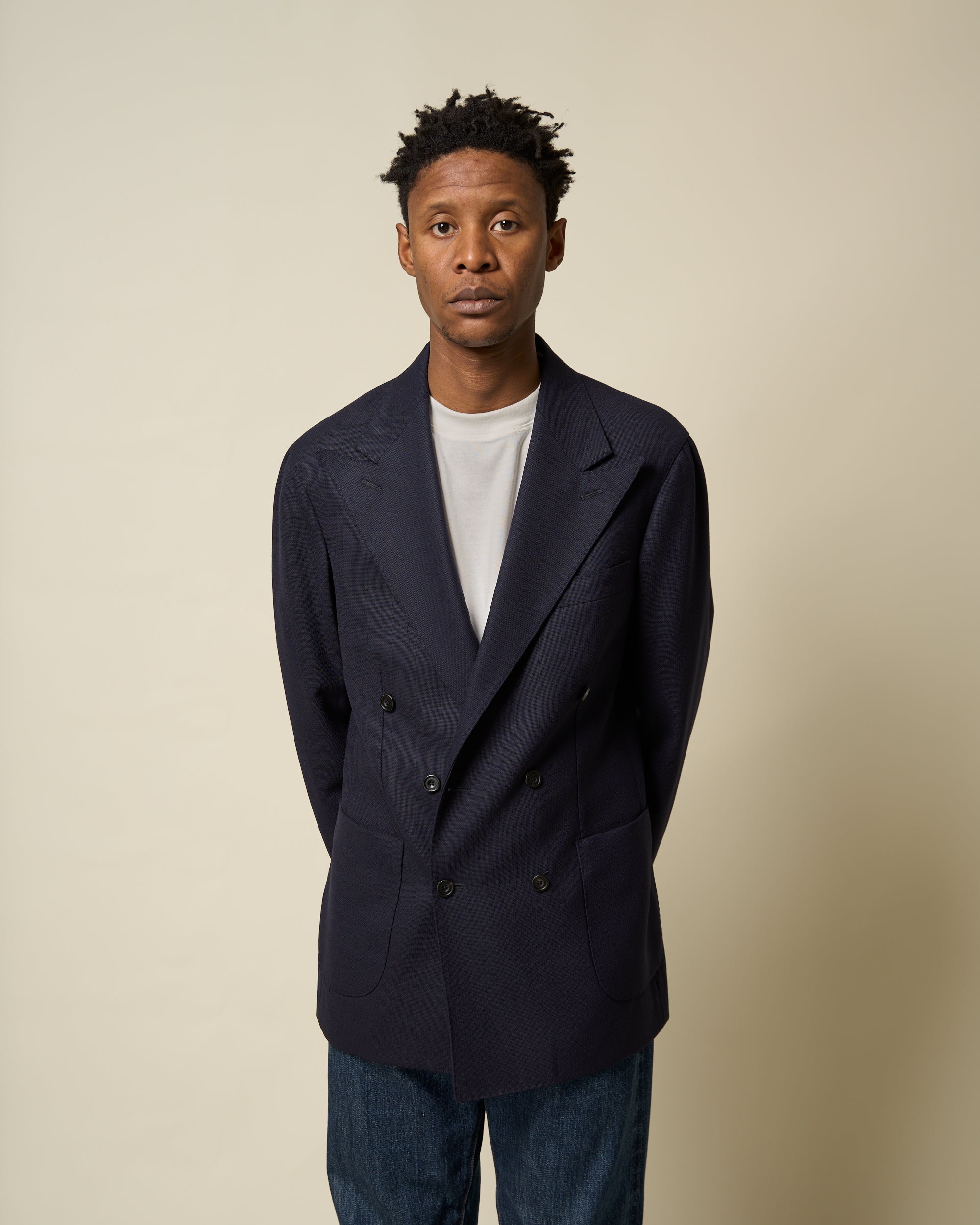 Double Breasted Sport Jacket - Navy Mock Leno Wool Hopsack – Natalino