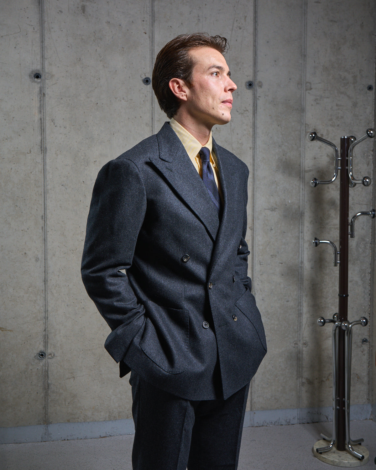 Double Breasted Sport Jacket - Charcoal Grey Woollen Flannel