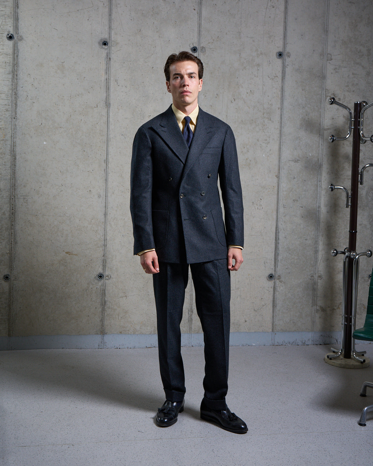 Double Breasted Sport Jacket - Charcoal Grey Woollen Flannel