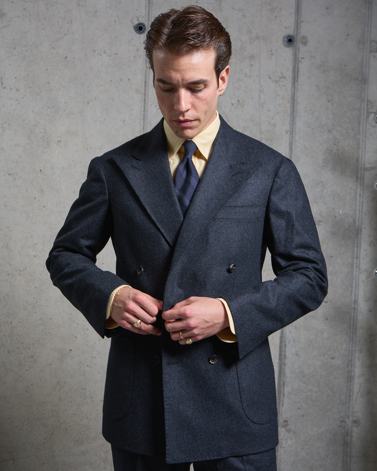 Double Breasted Sport Jacket - Charcoal Grey Woollen Flannel
