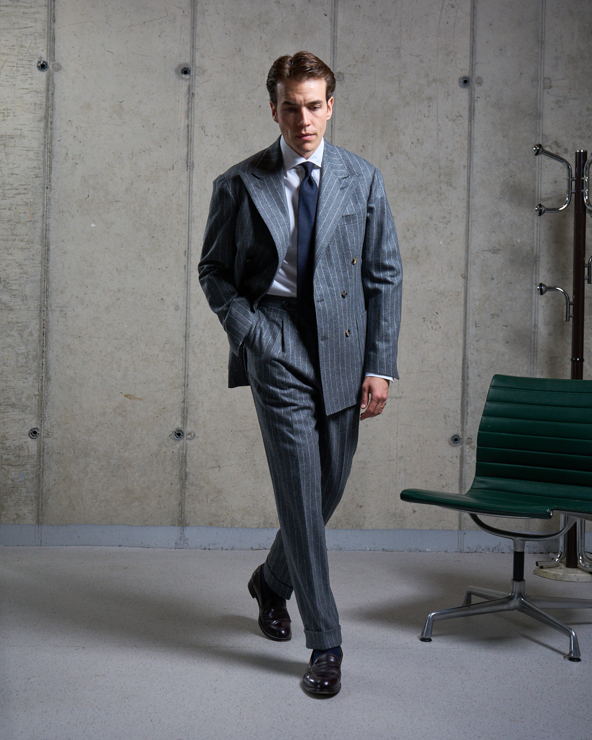 Double Breasted Sport Jacket - Grey Chalk Stripe Woollen Flannel