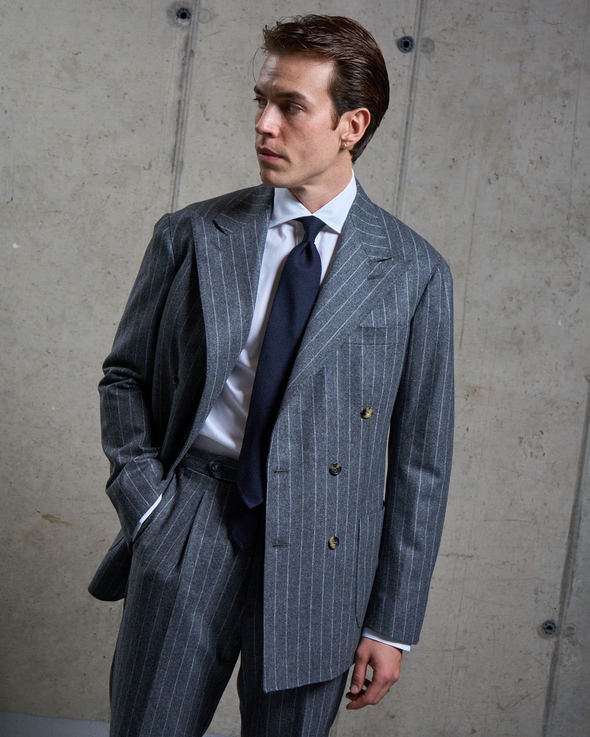 Double Breasted Sport Jacket - Grey Chalk Stripe Woollen Flannel