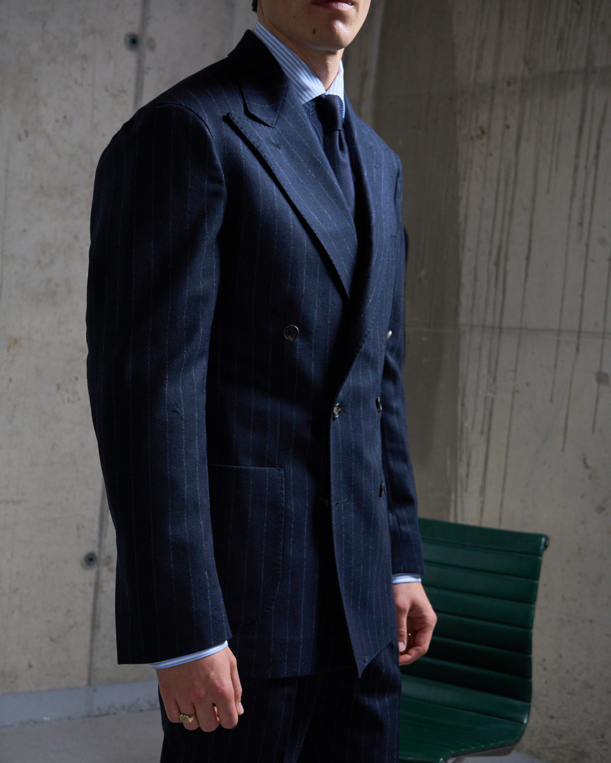 Double Breasted Sport Jacket - Navy Chalk Stripe Woollen Flannel