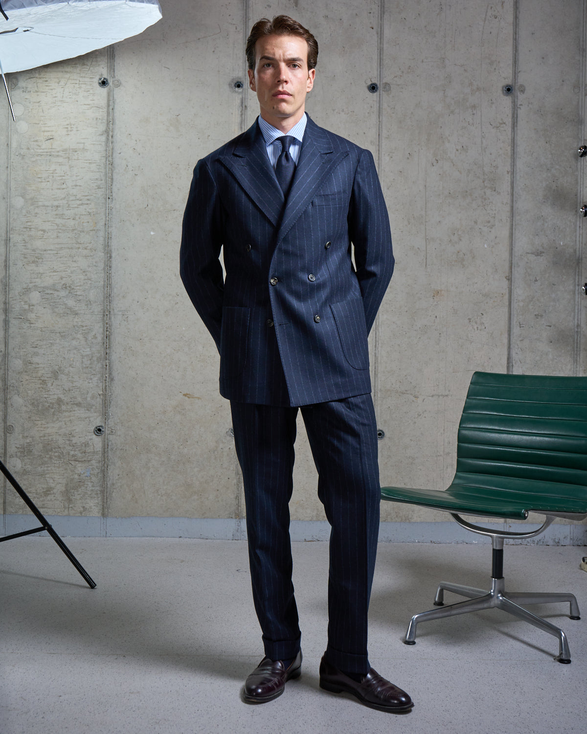 Double Breasted Sport Jacket - Navy Chalk Stripe Woollen Flannel