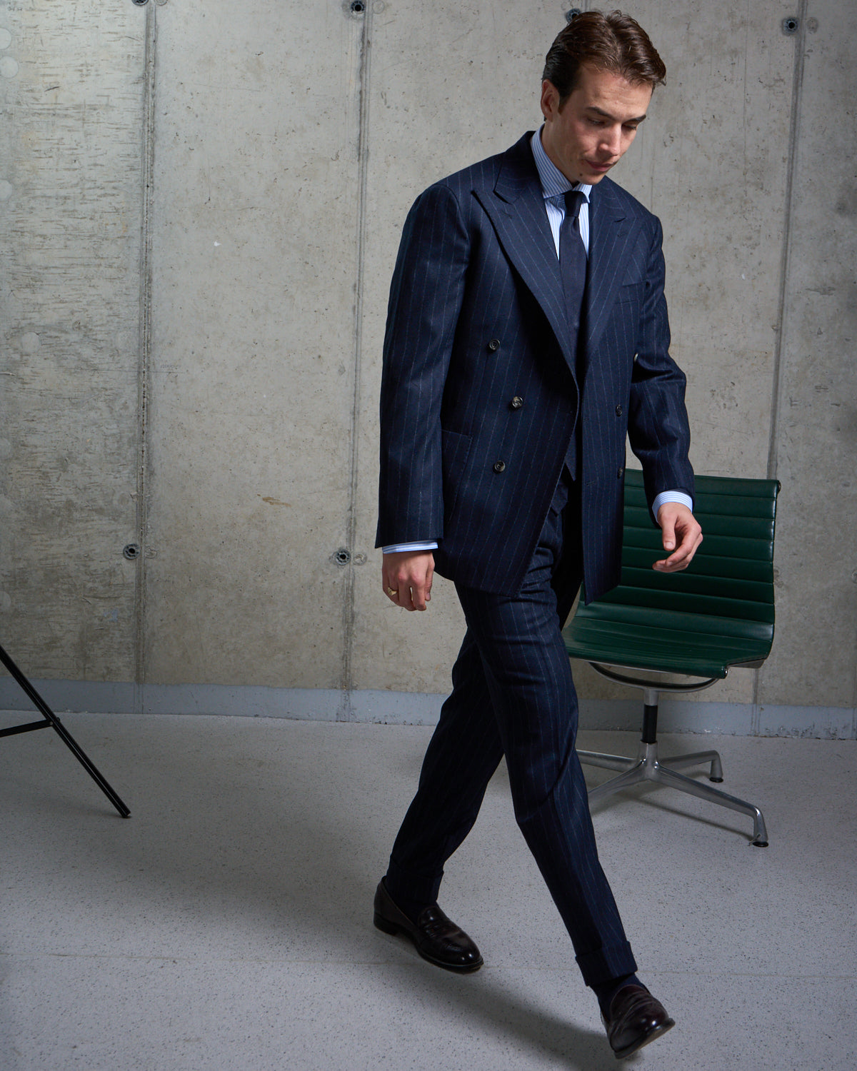Double Breasted Sport Jacket - Navy Chalk Stripe Woollen Flannel
