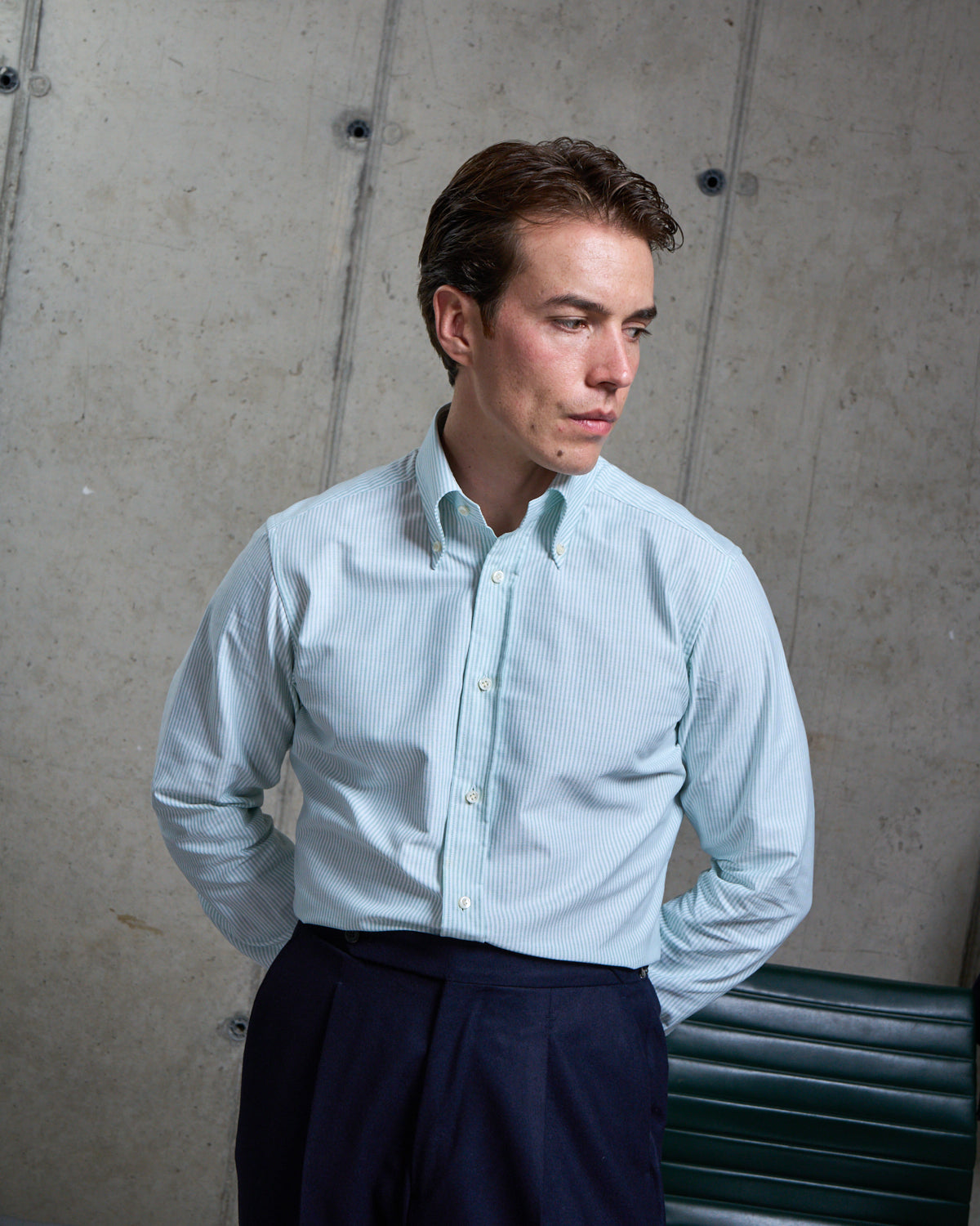 Button Down Collar Shirt - Green Stripe Oxford Cotton
