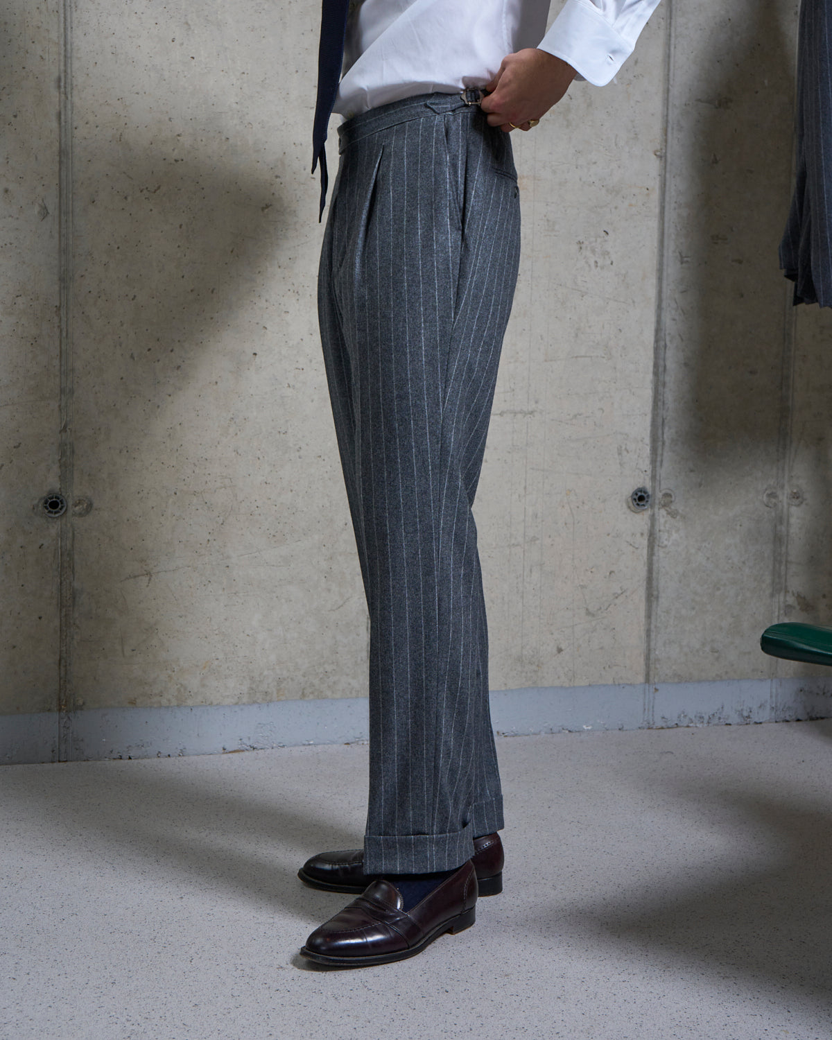 Single Pleat Trouser - Grey Chalk Stripe Woollen Flannel