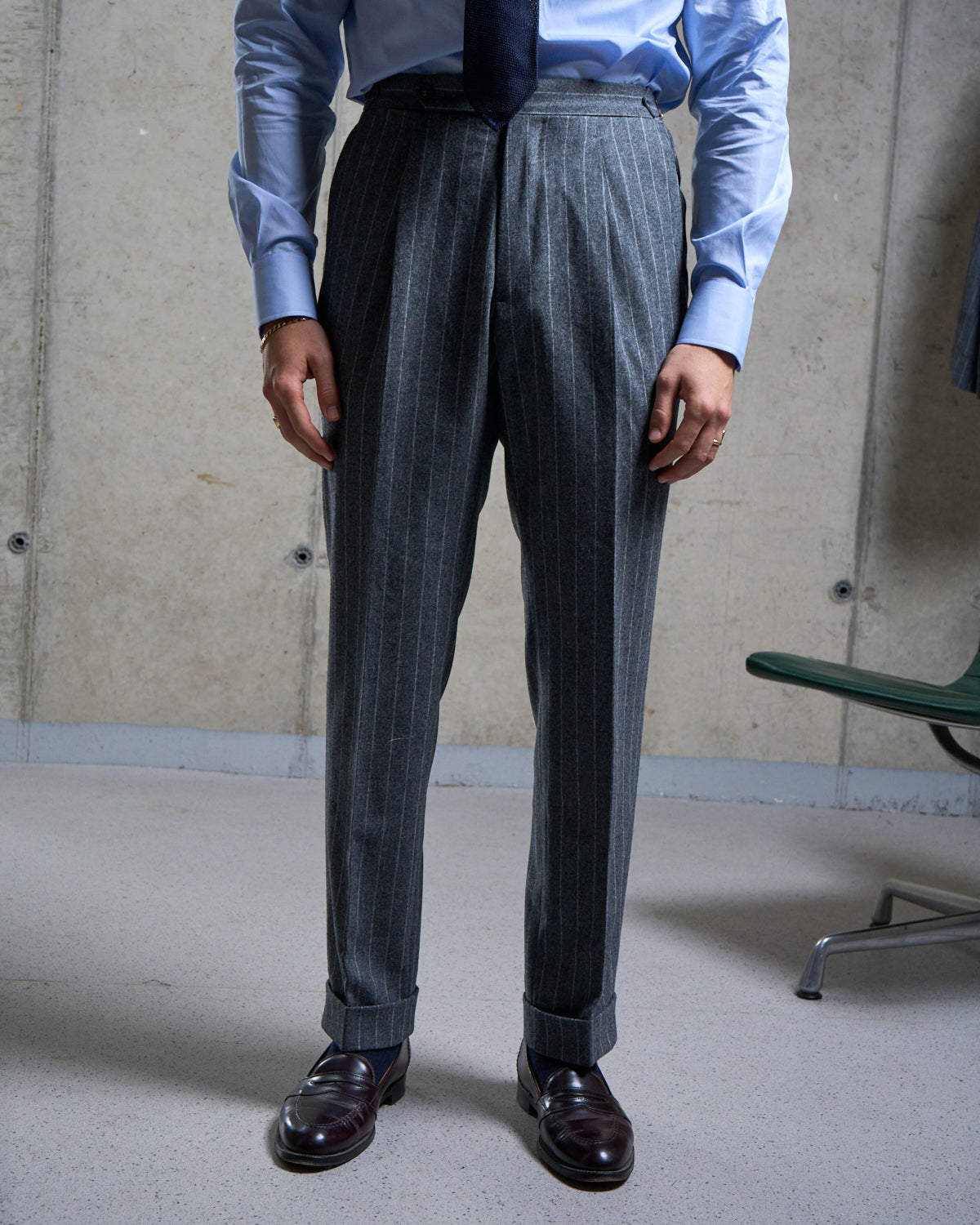 Single Pleat Trouser - Grey Chalk Stripe Woollen Flannel
