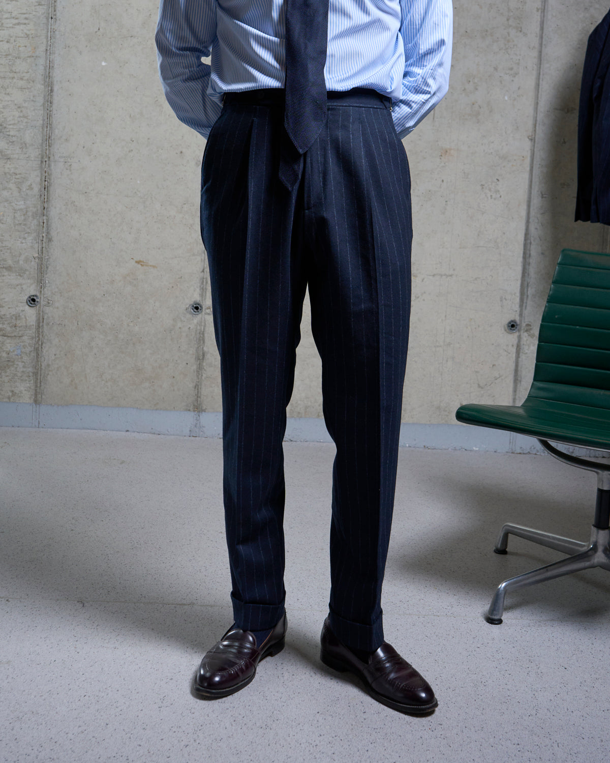 Single Pleat Trouser - Navy Chalk Stripe Woollen Flannel