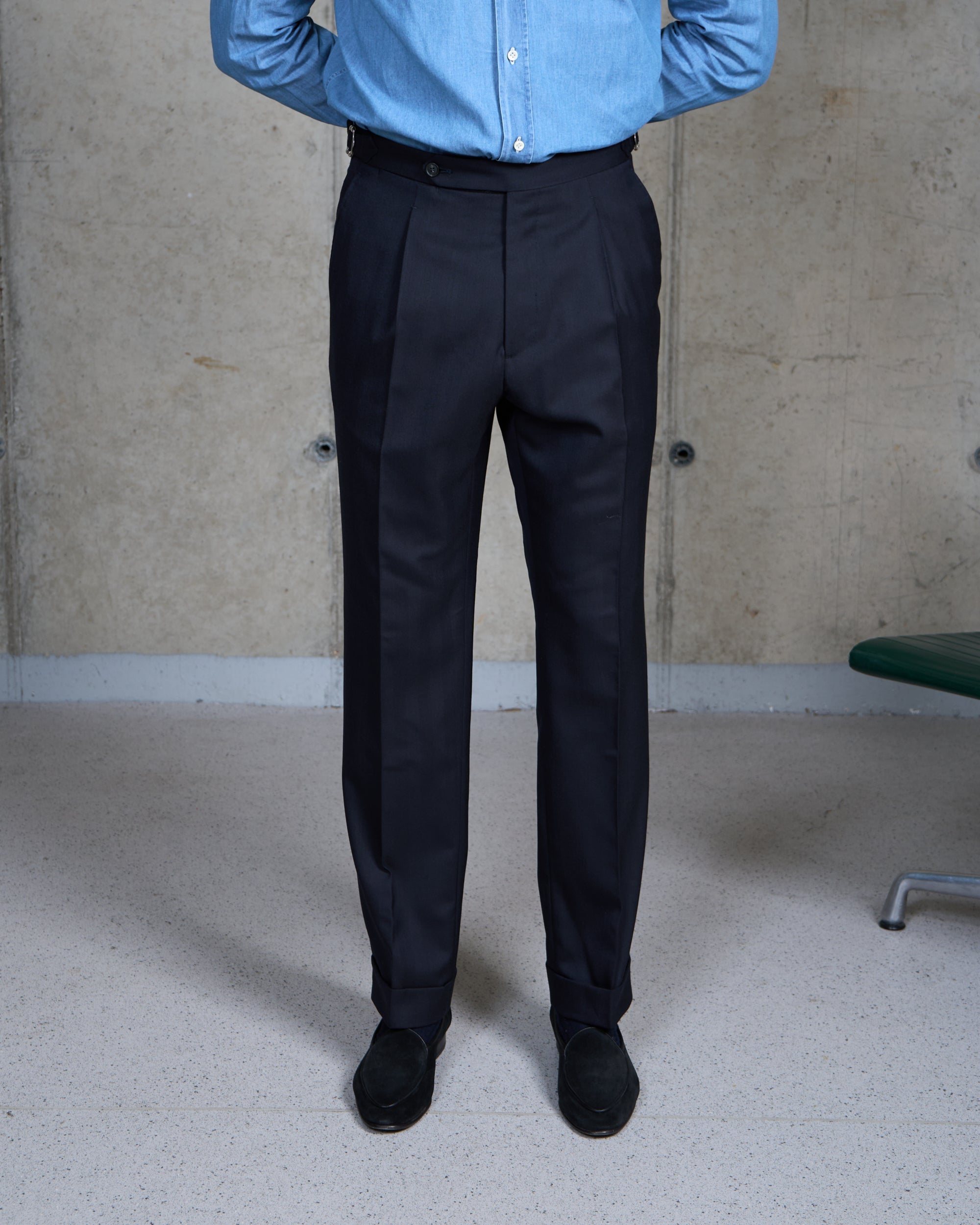 Single Pleat Trouser - Dark Navy Herringbone Wool