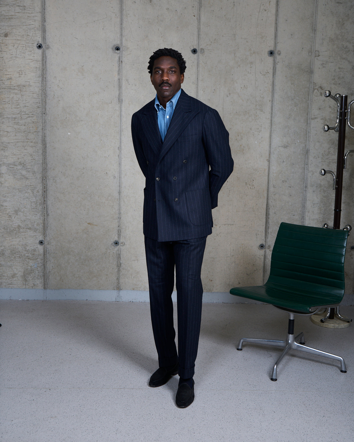 Double Breasted Sport Jacket - Navy Chalk Stripe Woollen Flannel