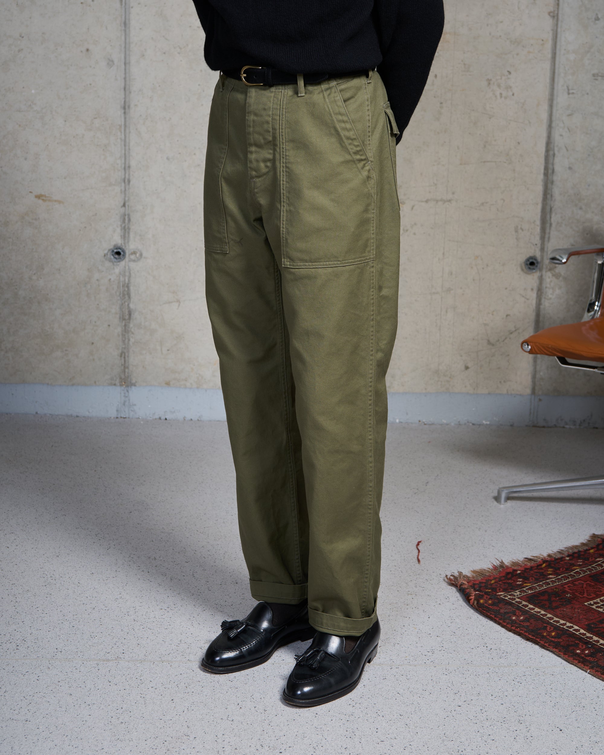 High Rise Japanese Fatigue Pant - Army Green Cotton Twill