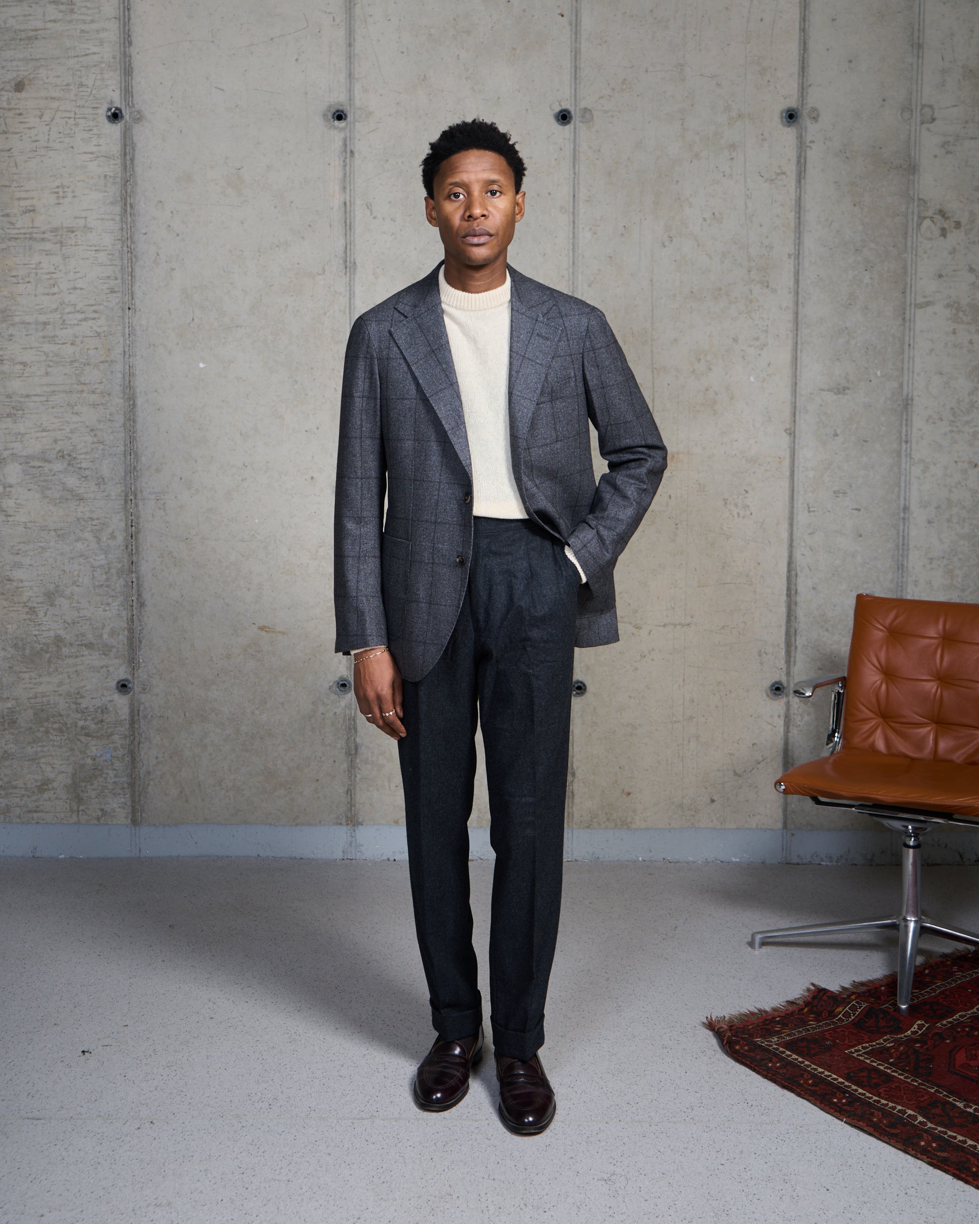 Sport Jacket - Grey Windowpane Wool Cotton Cashmere