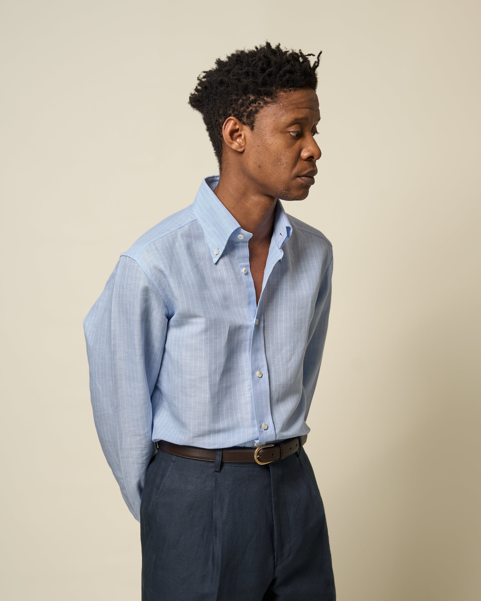 Button Down Collar Shirt - Blue Pinstripe Cotton Linen
