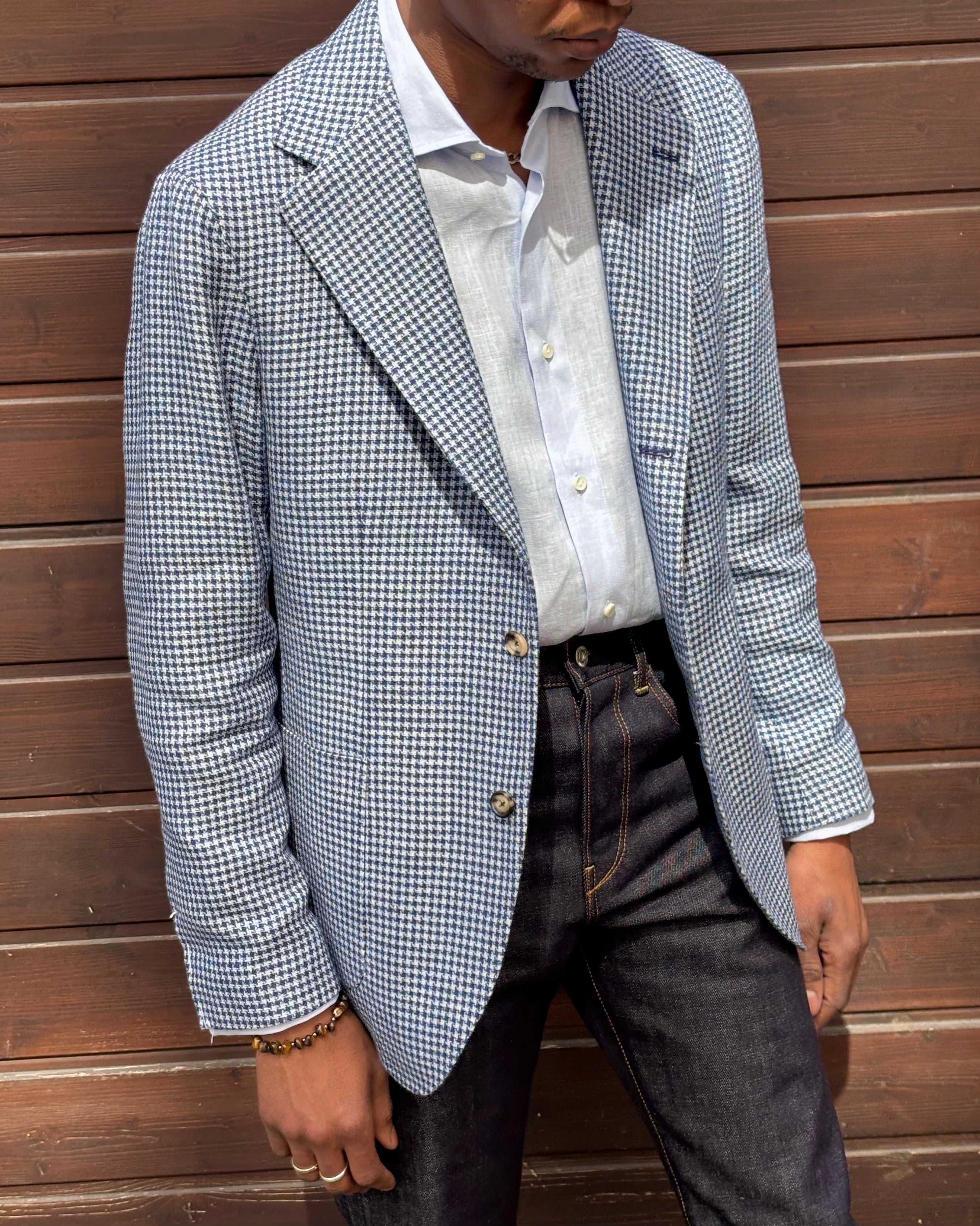Sport Jacket - Blue Houndstooth Linen Cotton