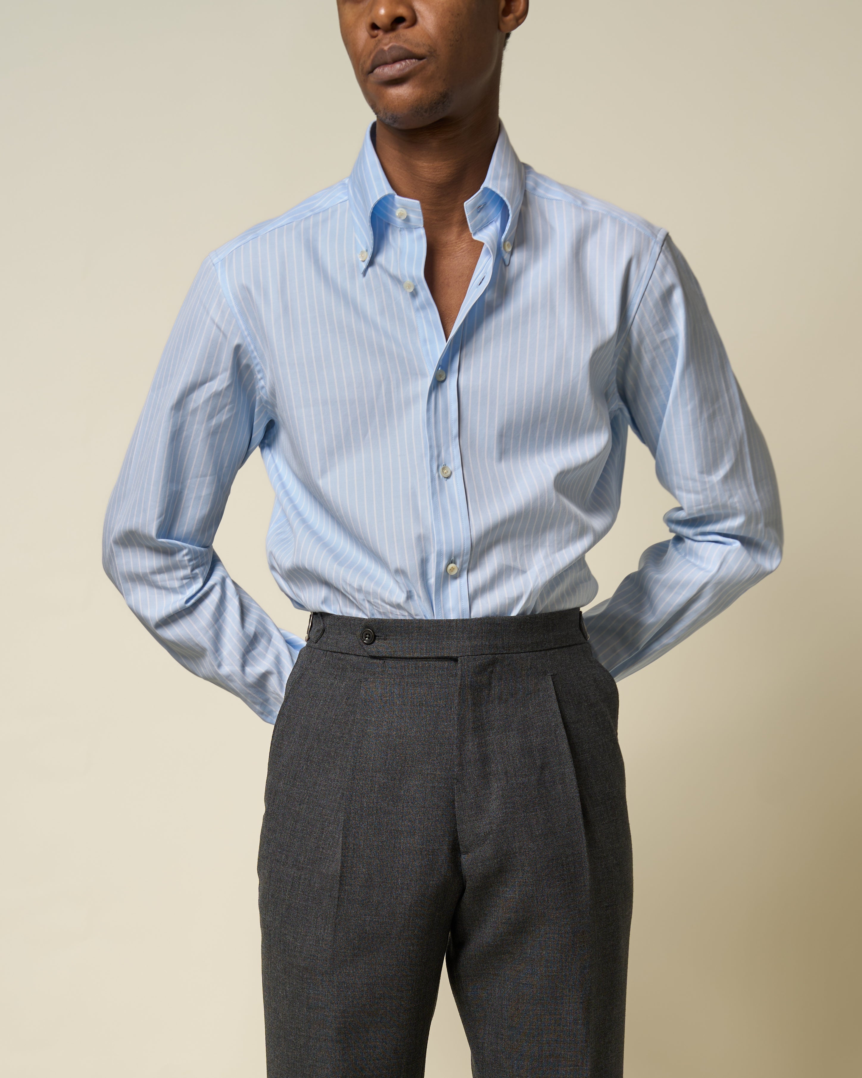 Button Down Collar Shirt - Blue Pencil Stripe Cotton Poplin