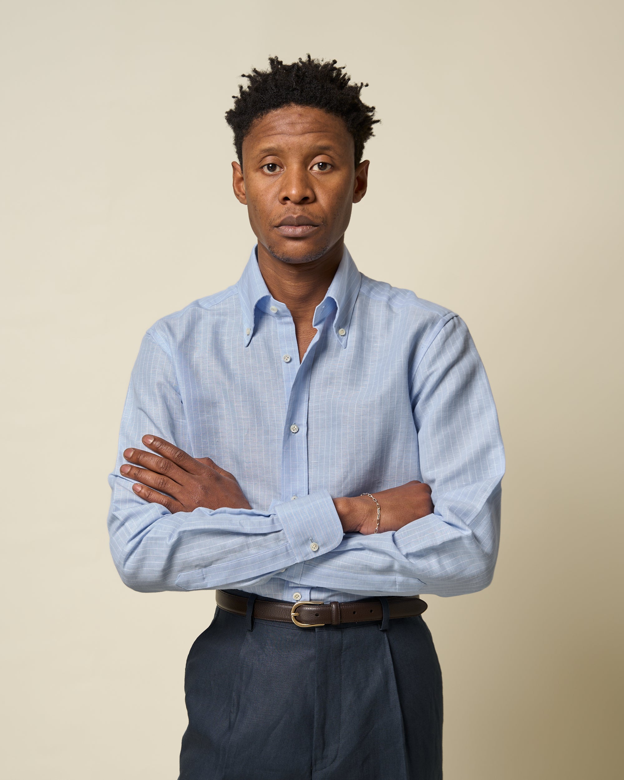 Button Down Collar Shirt - Blue Pinstripe Cotton Linen