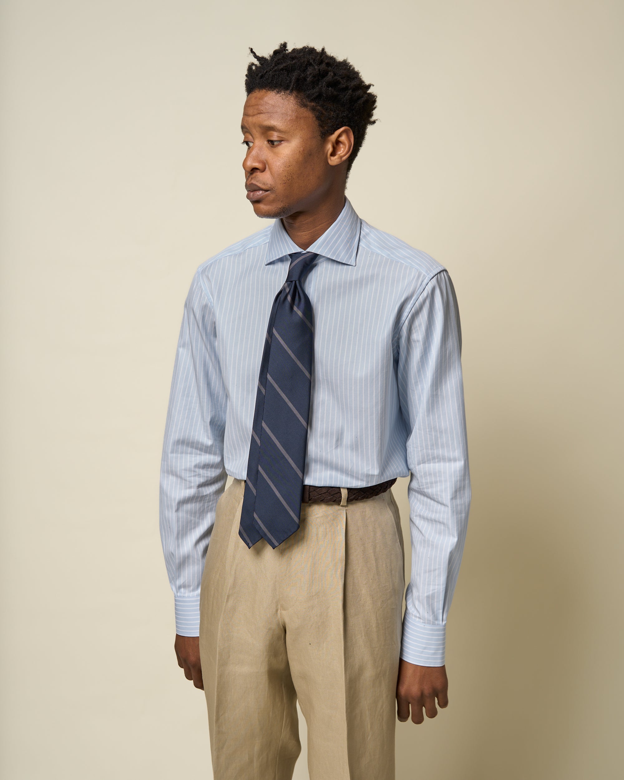 Spread Collar Shirt - Blue Pencil Stripe Cotton Poplin