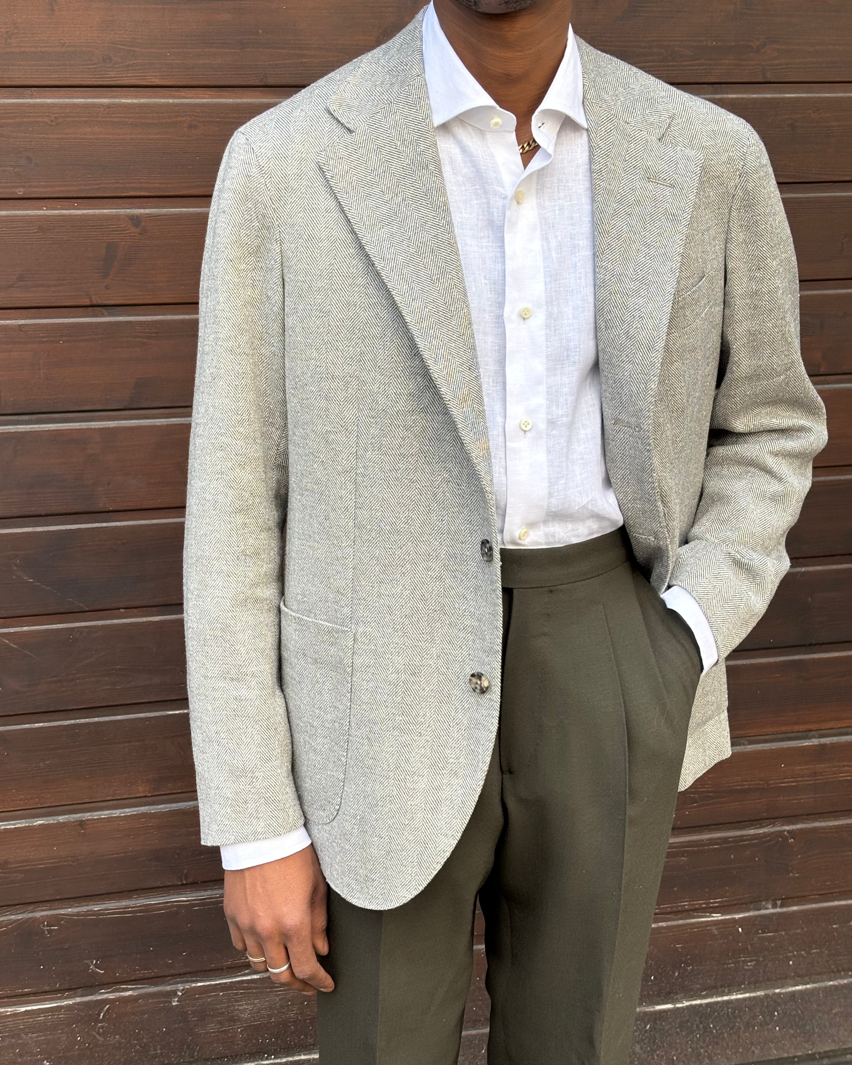 Sport Jacket - Grey Herringbone Wool Silk Linen