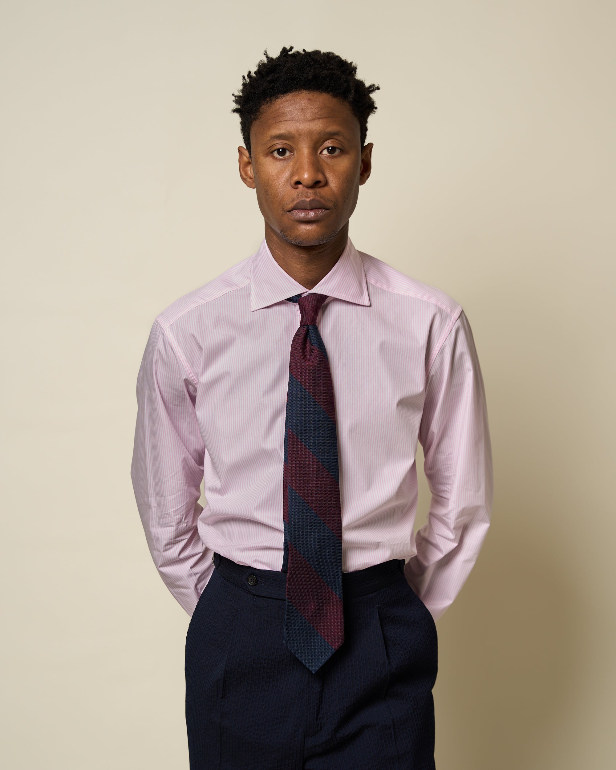 Spread Collar Shirt - Pink Stripe Cotton Poplin
