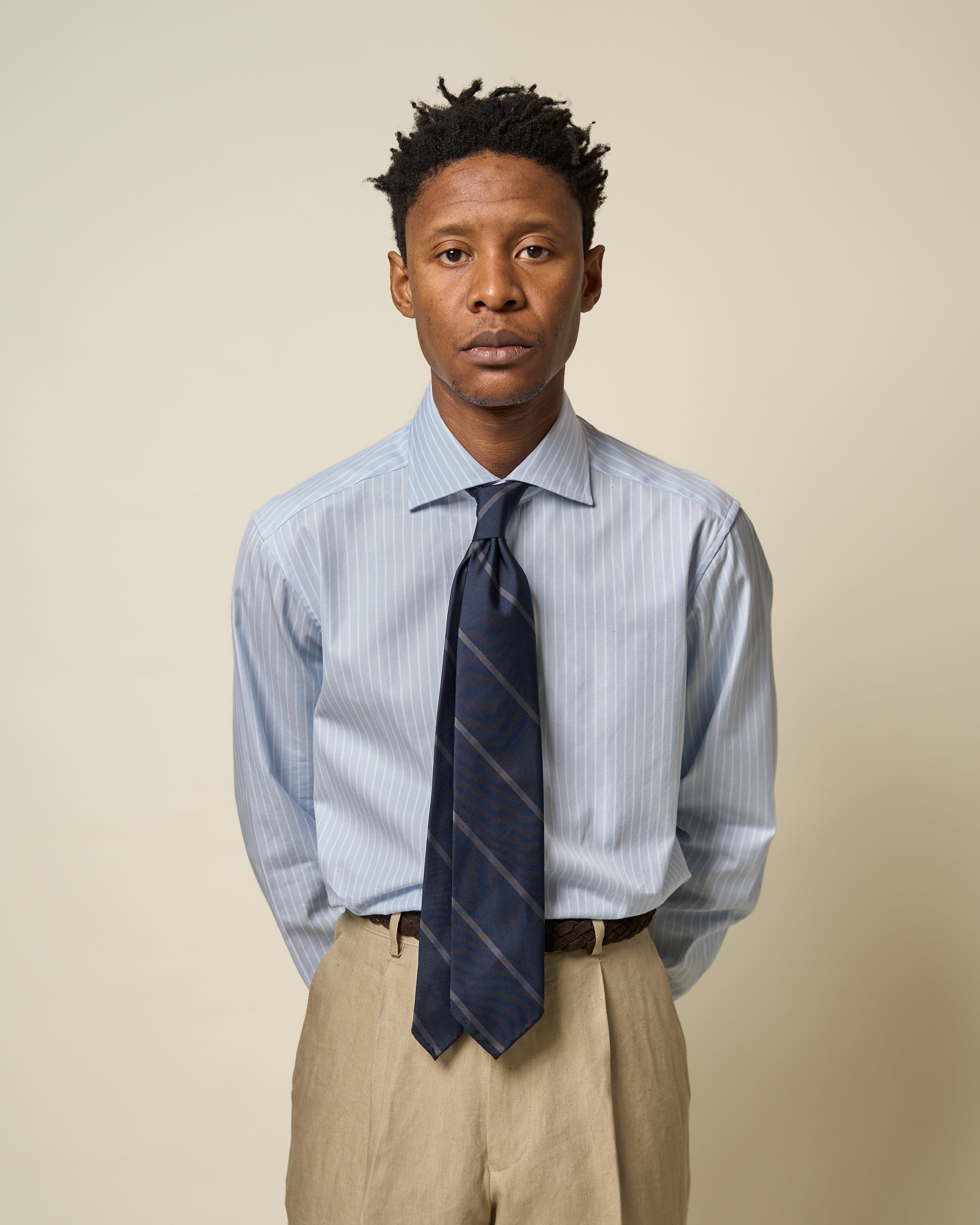 Spread Collar Shirt - Blue Pencil Stripe Cotton Poplin