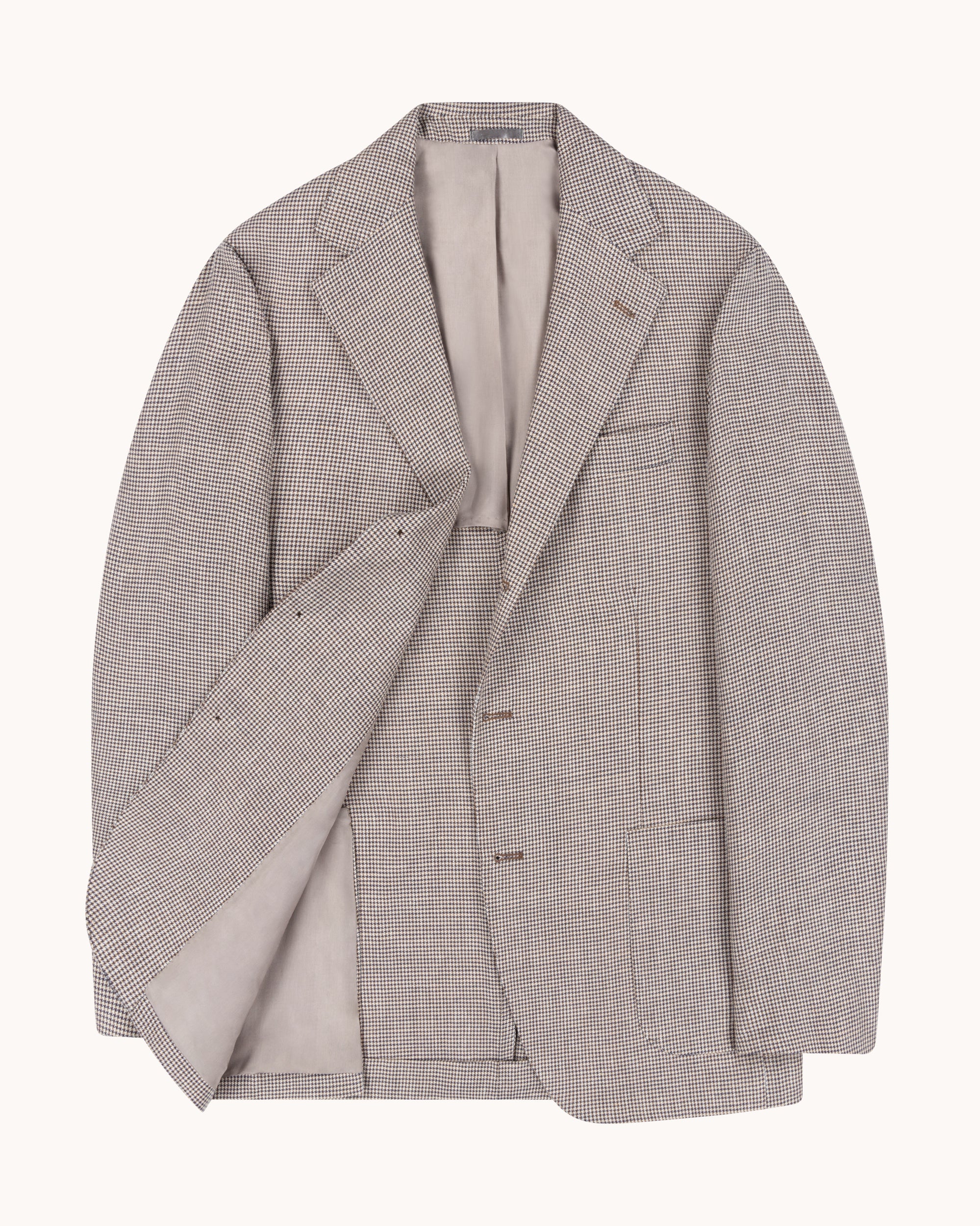 Sport Jacket - Beige Brown Houndstooth Wool Linen