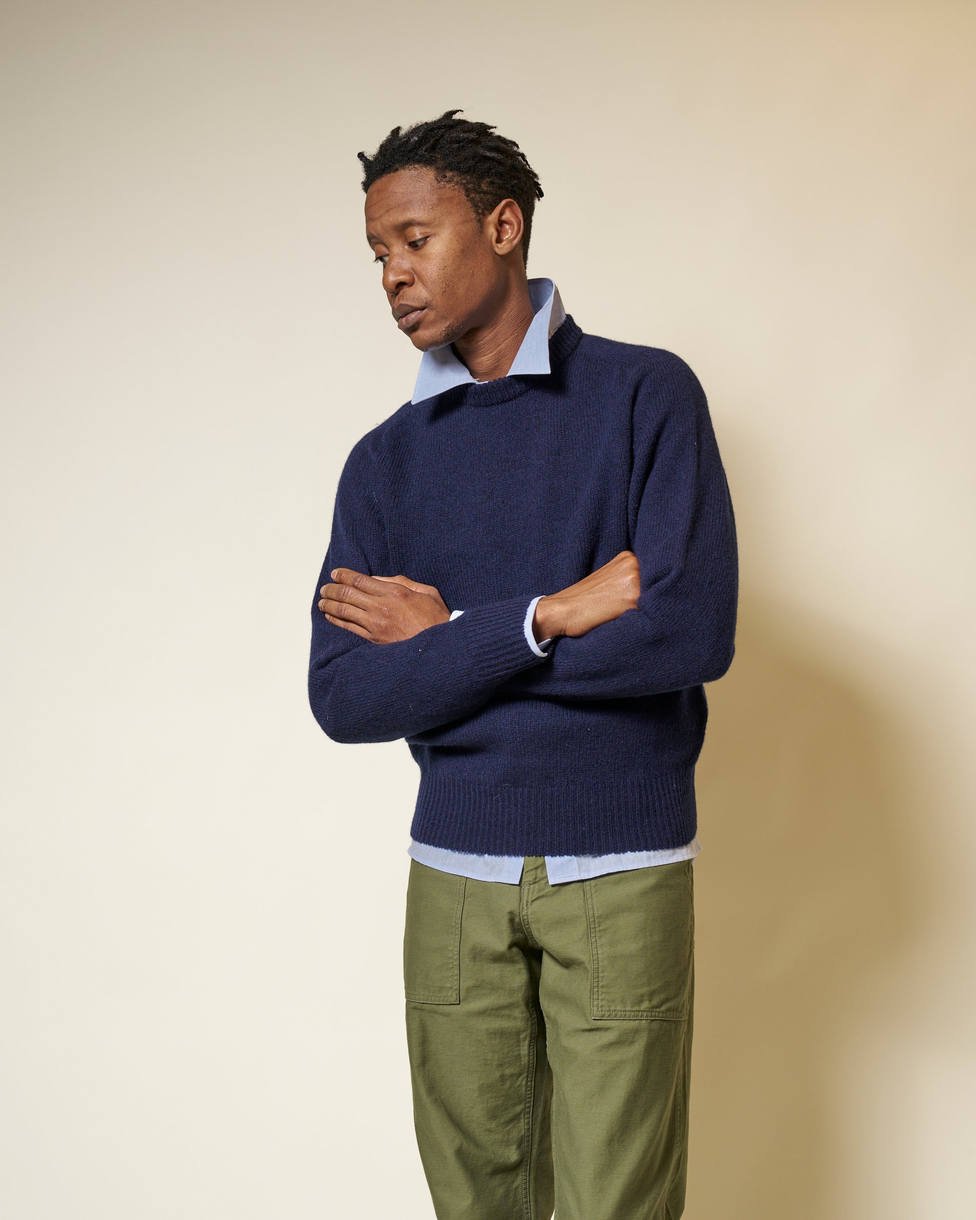 Shetland Wool Crew Neck Sweater - Navy