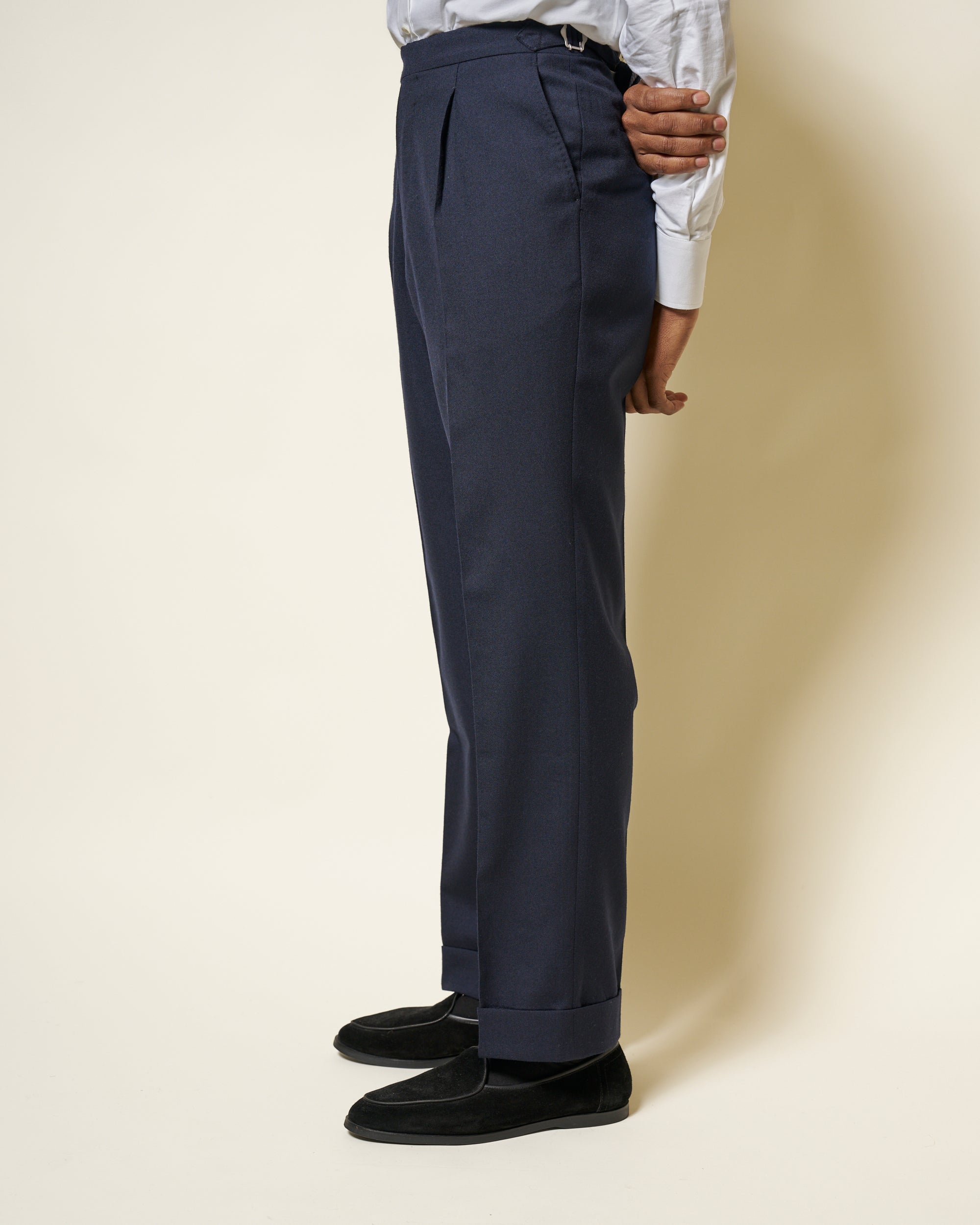 Relaxed Pleated Trouser - Navy Twill Wool