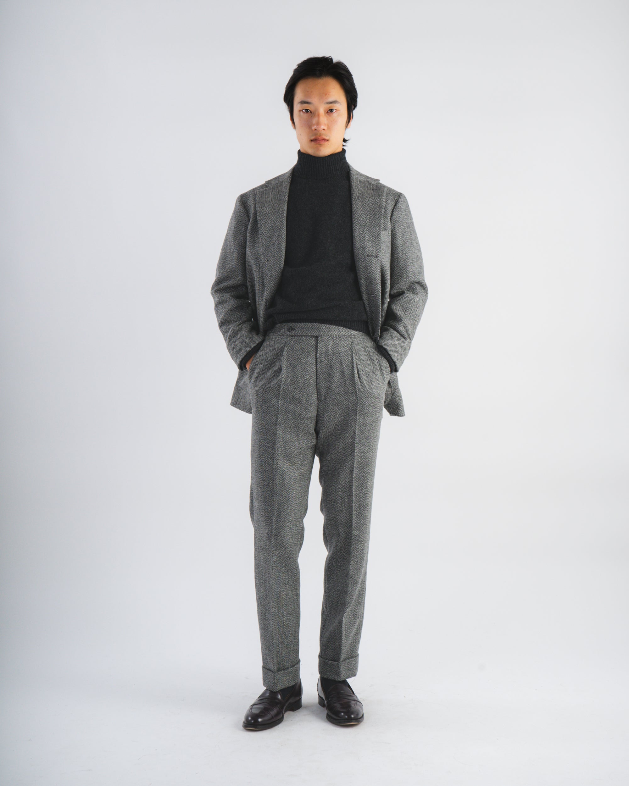 Single Pleat Trouser - Grey Herringbone Wool