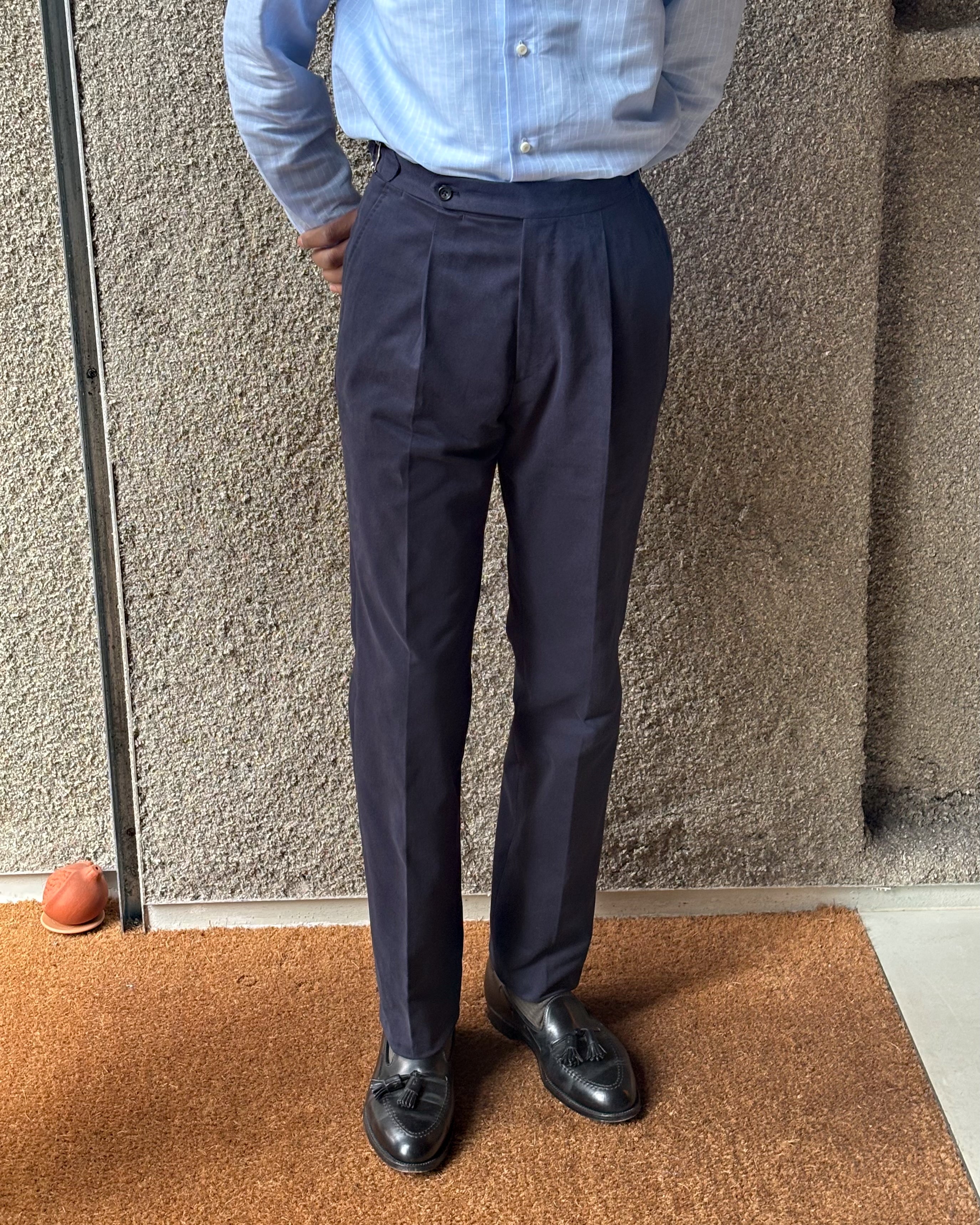 Classic Pleated Trouser - Navy Brushed Cotton