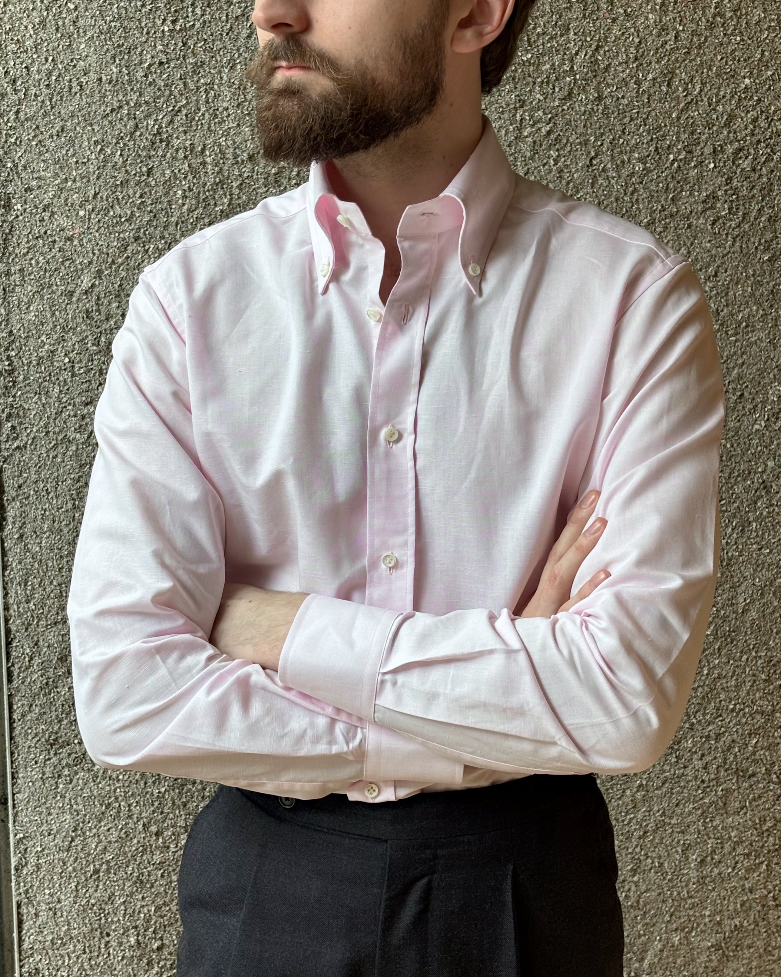 Button Down Collar Shirt - Pink Cotton Linen