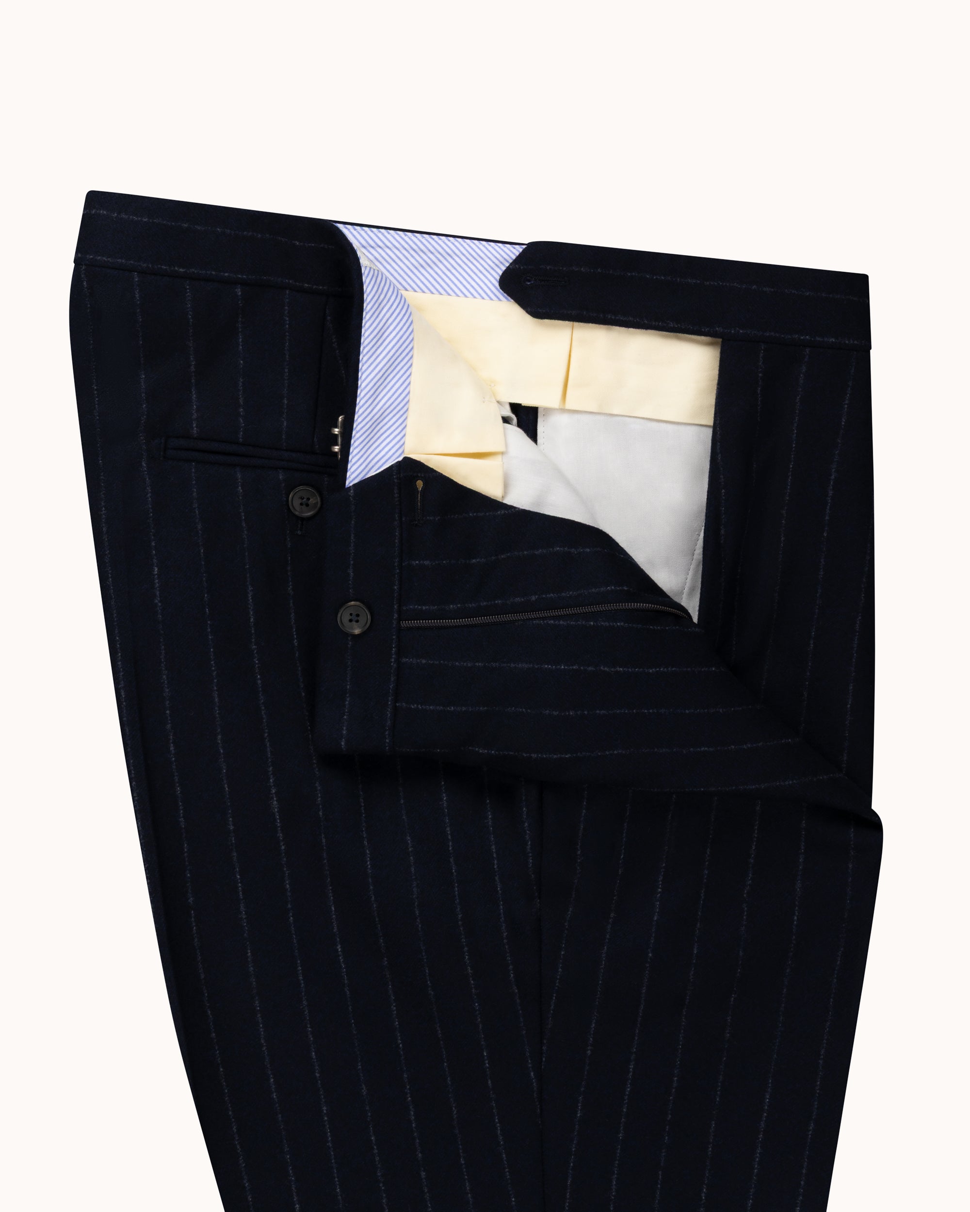 Single Pleat Trouser - Navy Chalk Stripe Woollen Flannel