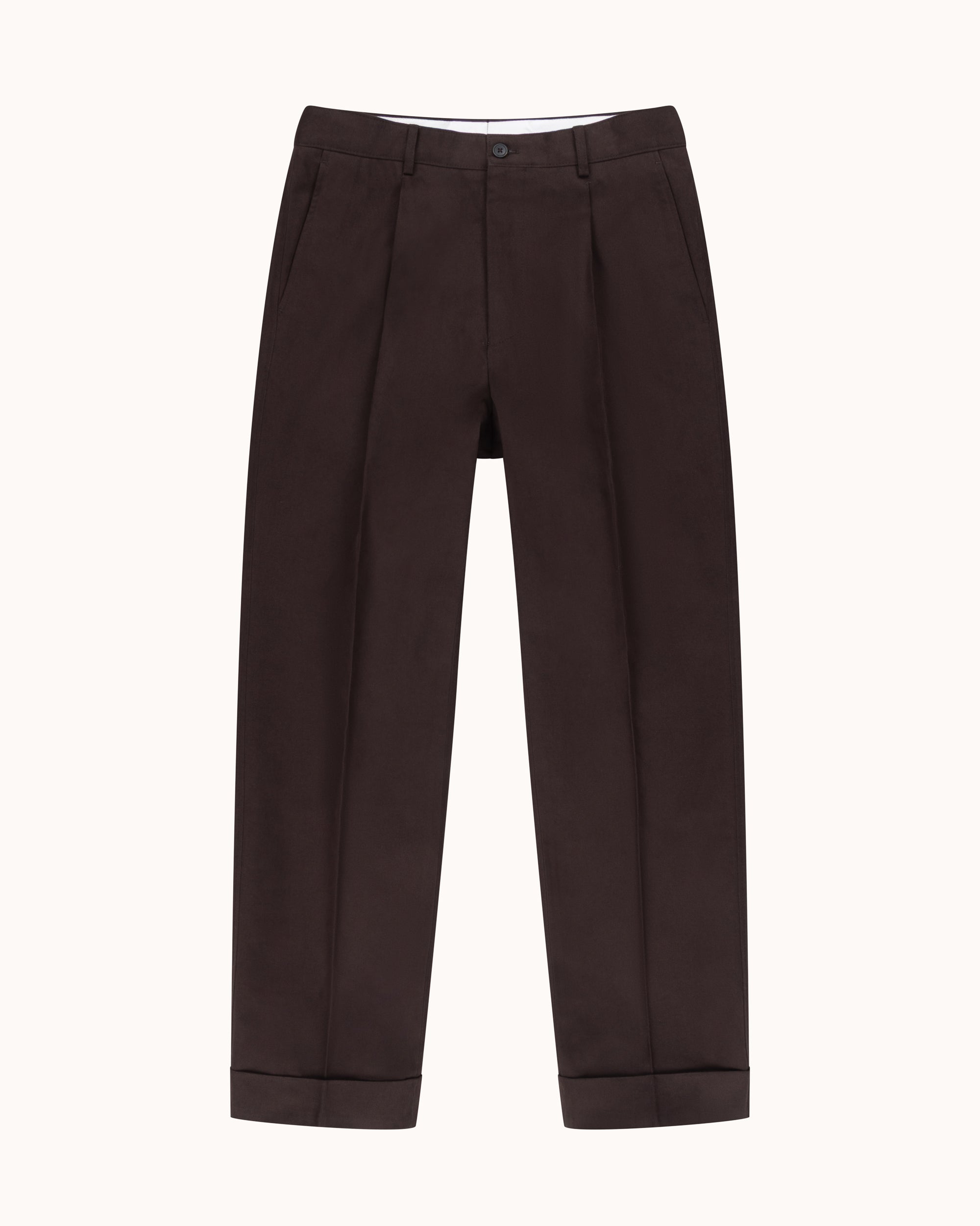 Relaxed Single Pleat Trouser - Dark Brown Cotton Canvas