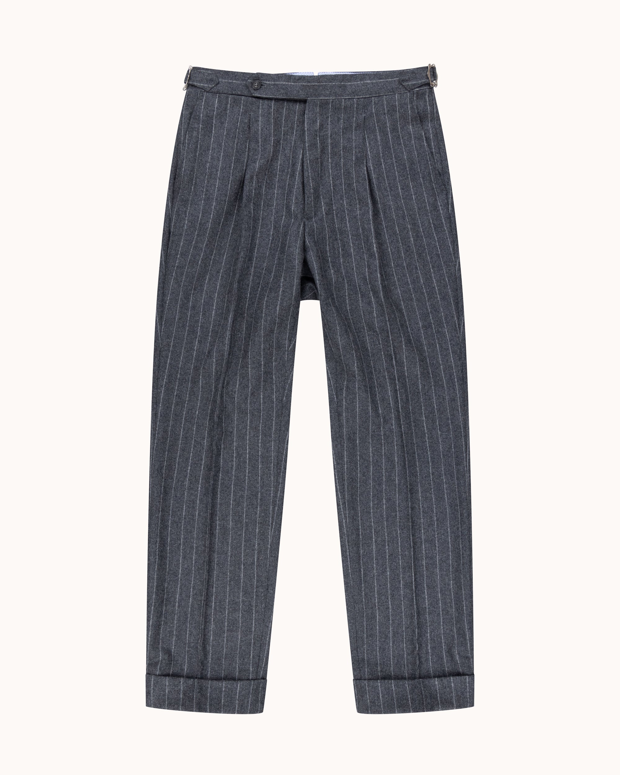 Single Pleat Trouser - Grey Chalk Stripe Woollen Flannel