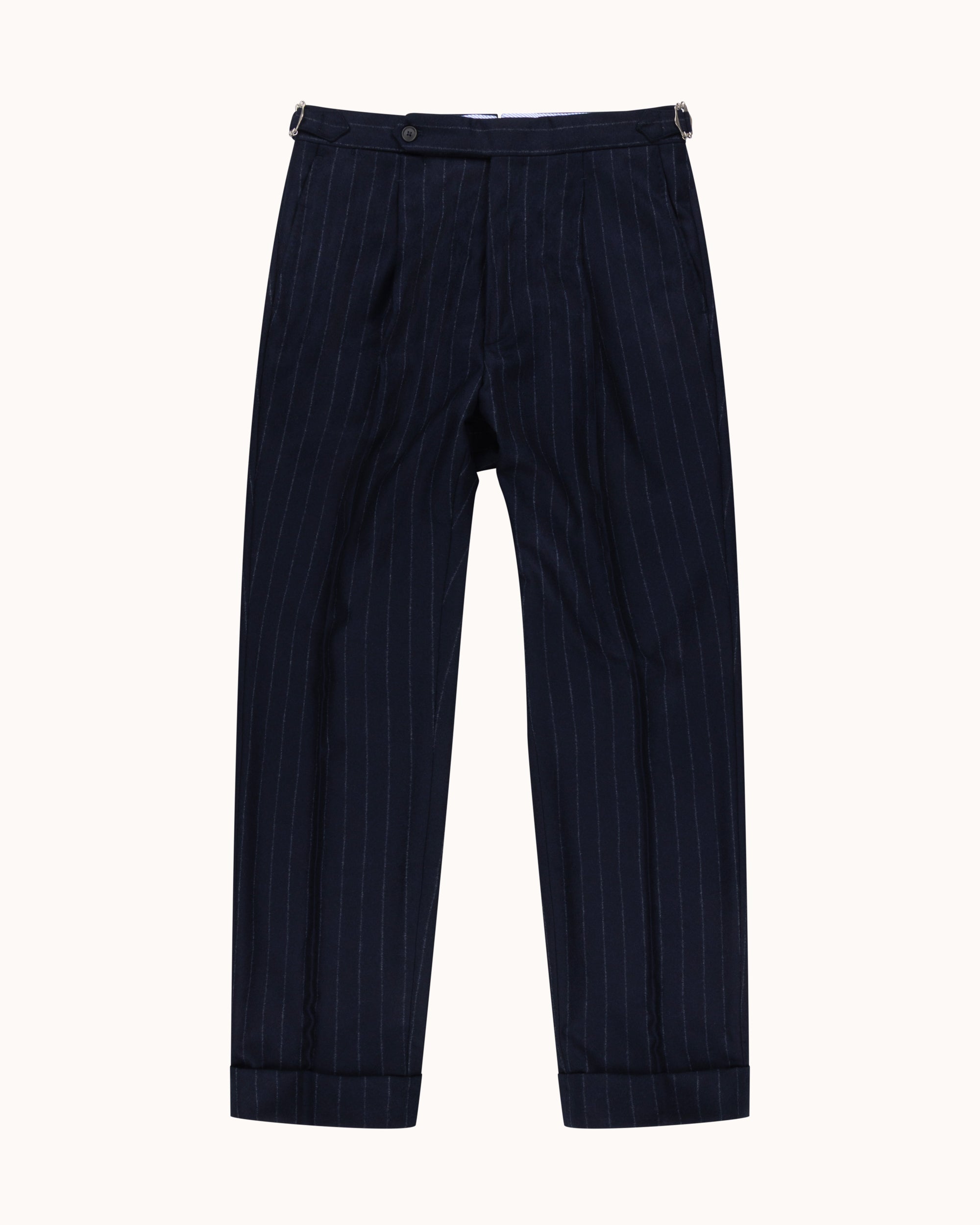 Single Pleat Trouser - Navy Chalk Stripe Woollen Flannel