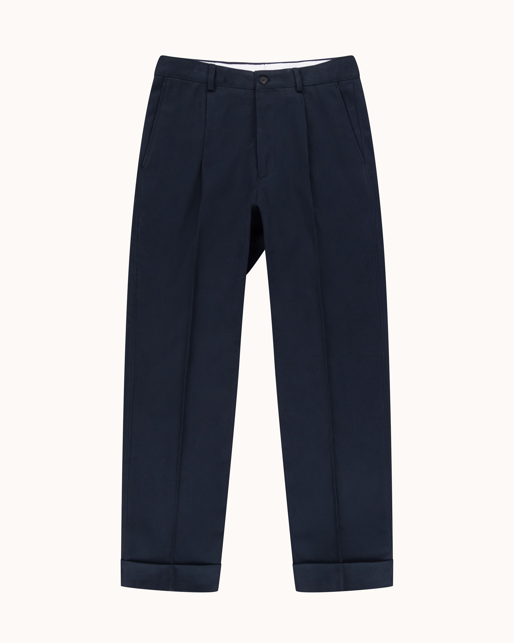 Relaxed Single Pleat Trouser - Navy Cotton Drill
