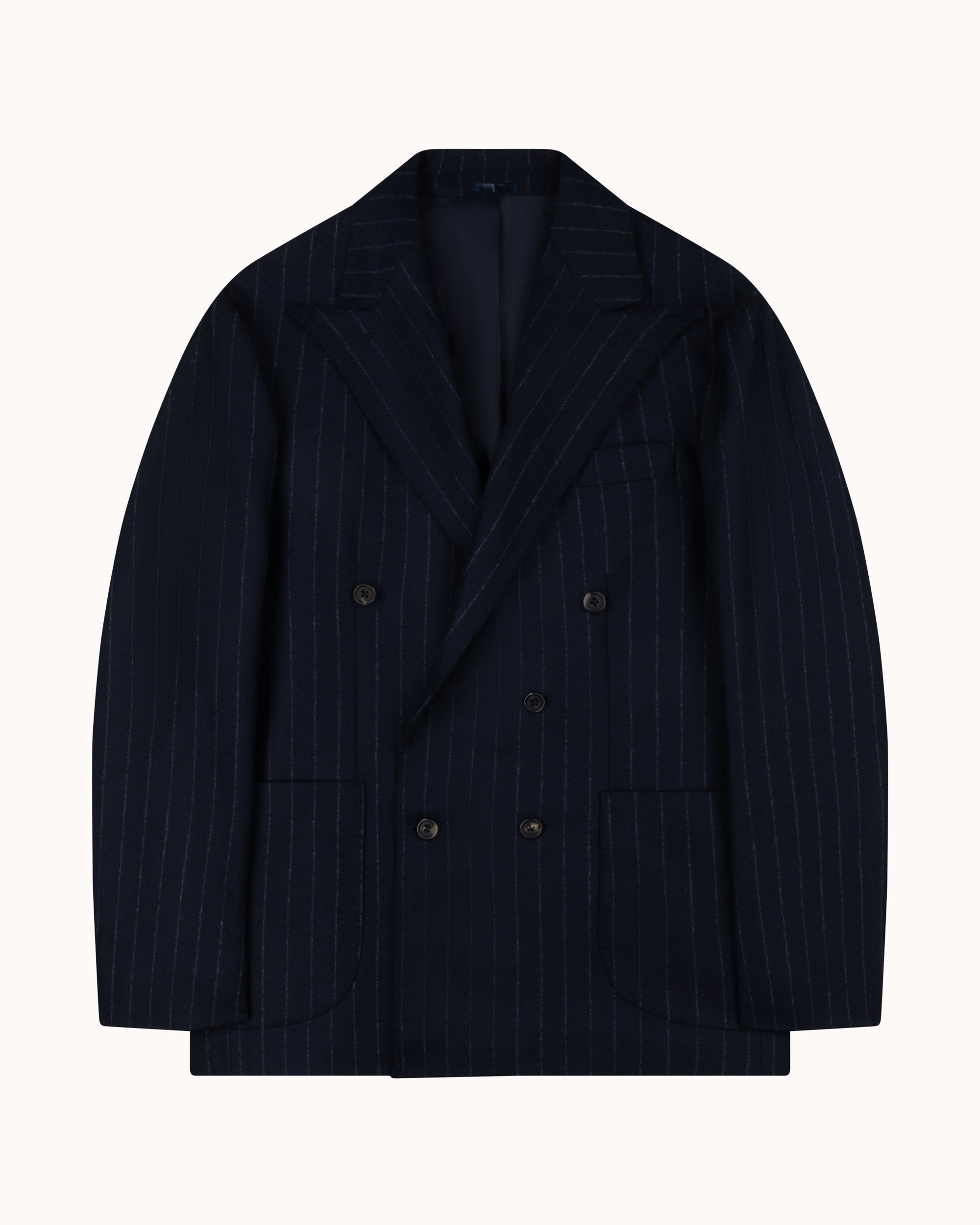 Double Breasted Sport Jacket - Navy Chalk Stripe Woollen Flannel