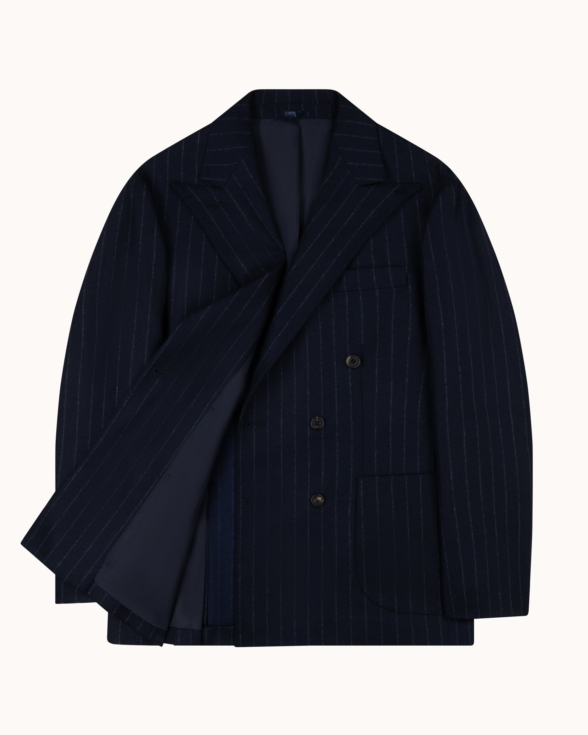 Double Breasted Sport Jacket - Navy Chalk Stripe Woollen Flannel