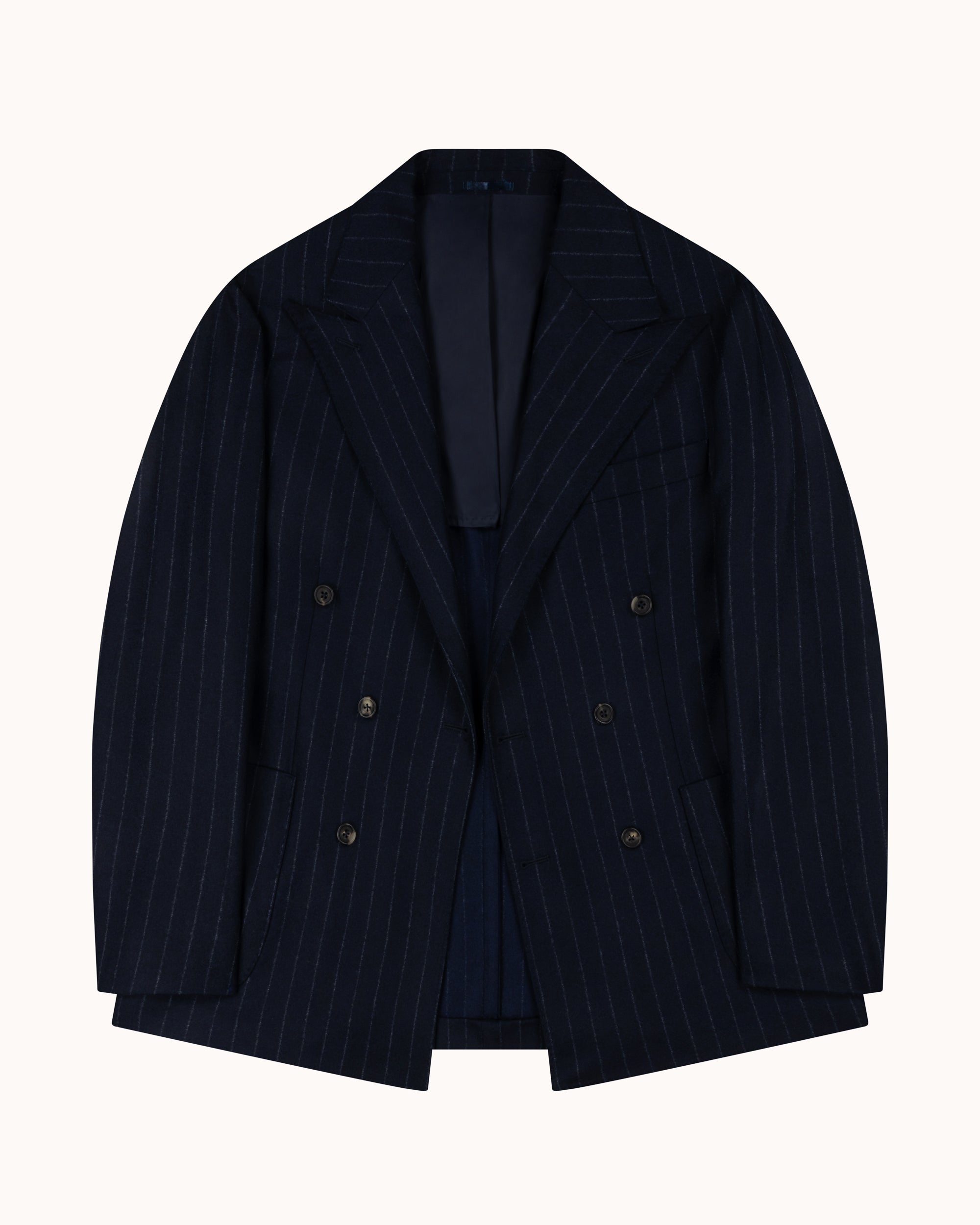 Double Breasted Sport Jacket - Navy Chalk Stripe Woollen Flannel