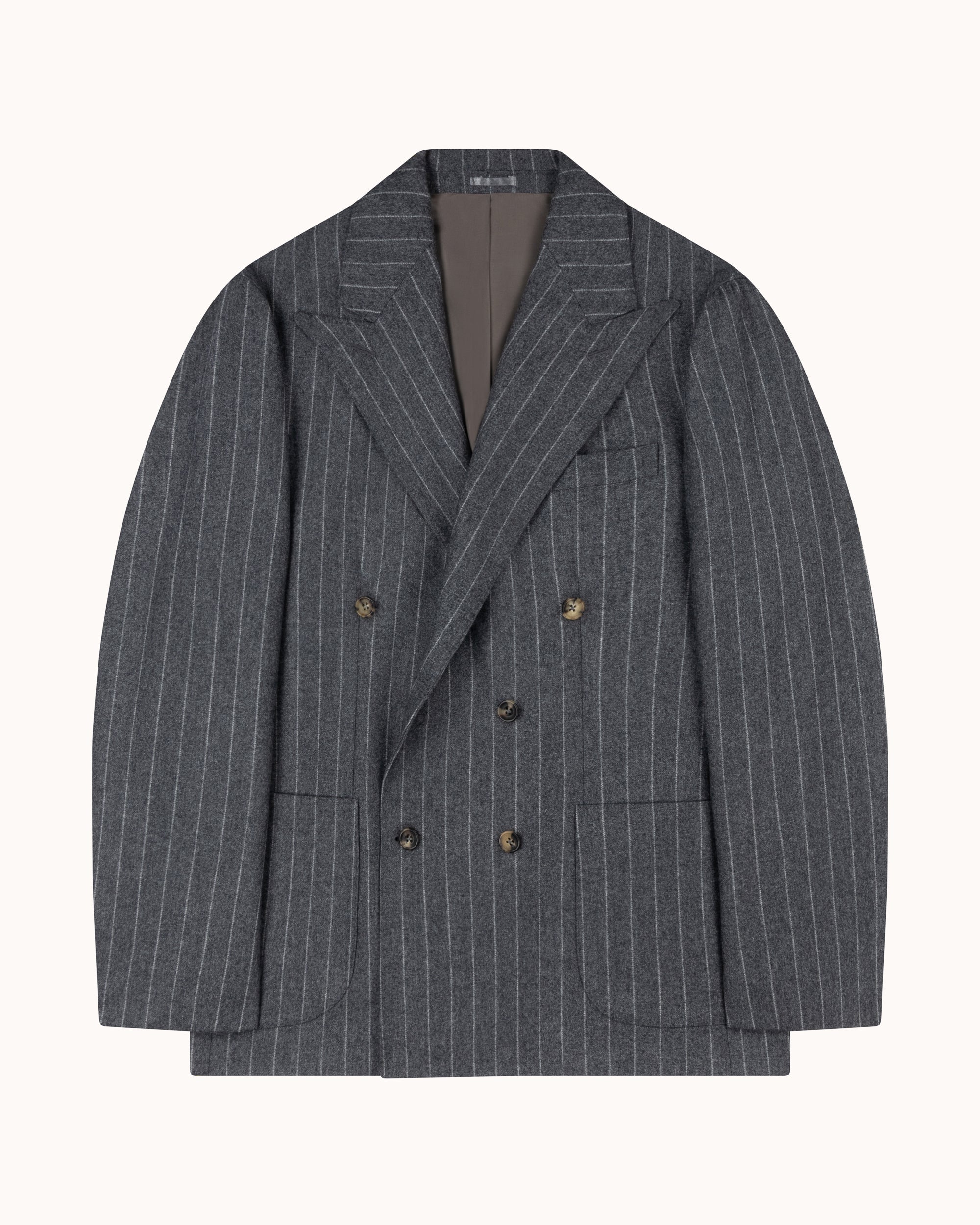 Double Breasted Sport Jacket - Grey Chalk Stripe Woollen Flannel