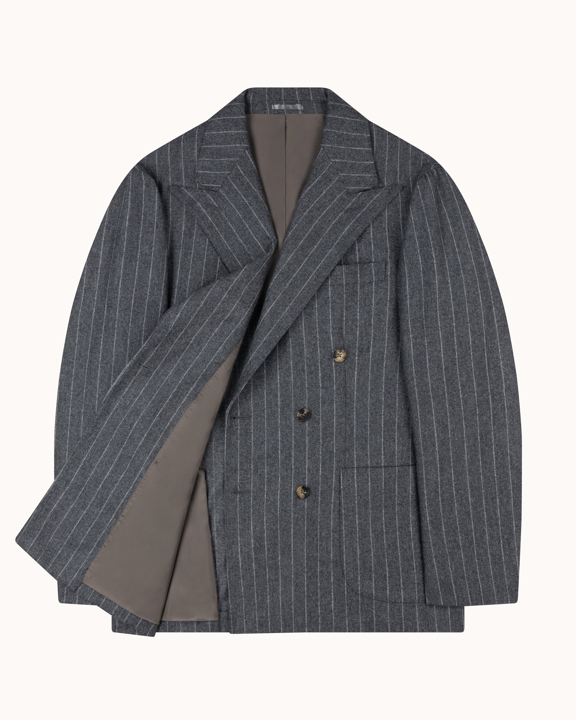 Double Breasted Sport Jacket - Grey Chalk Stripe Woollen Flannel
