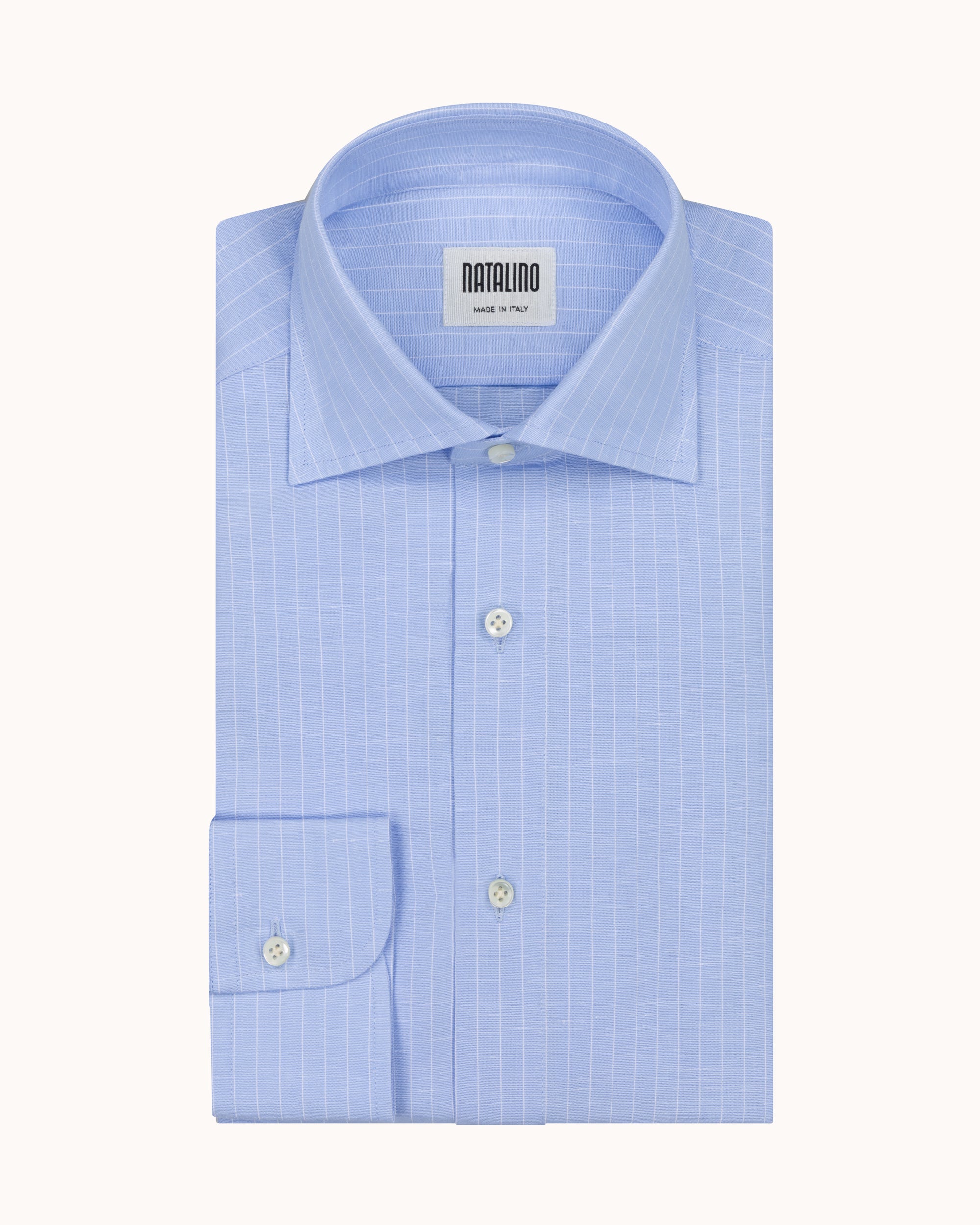Spread Collar Shirt - Blue Pinstripe Cotton Linen