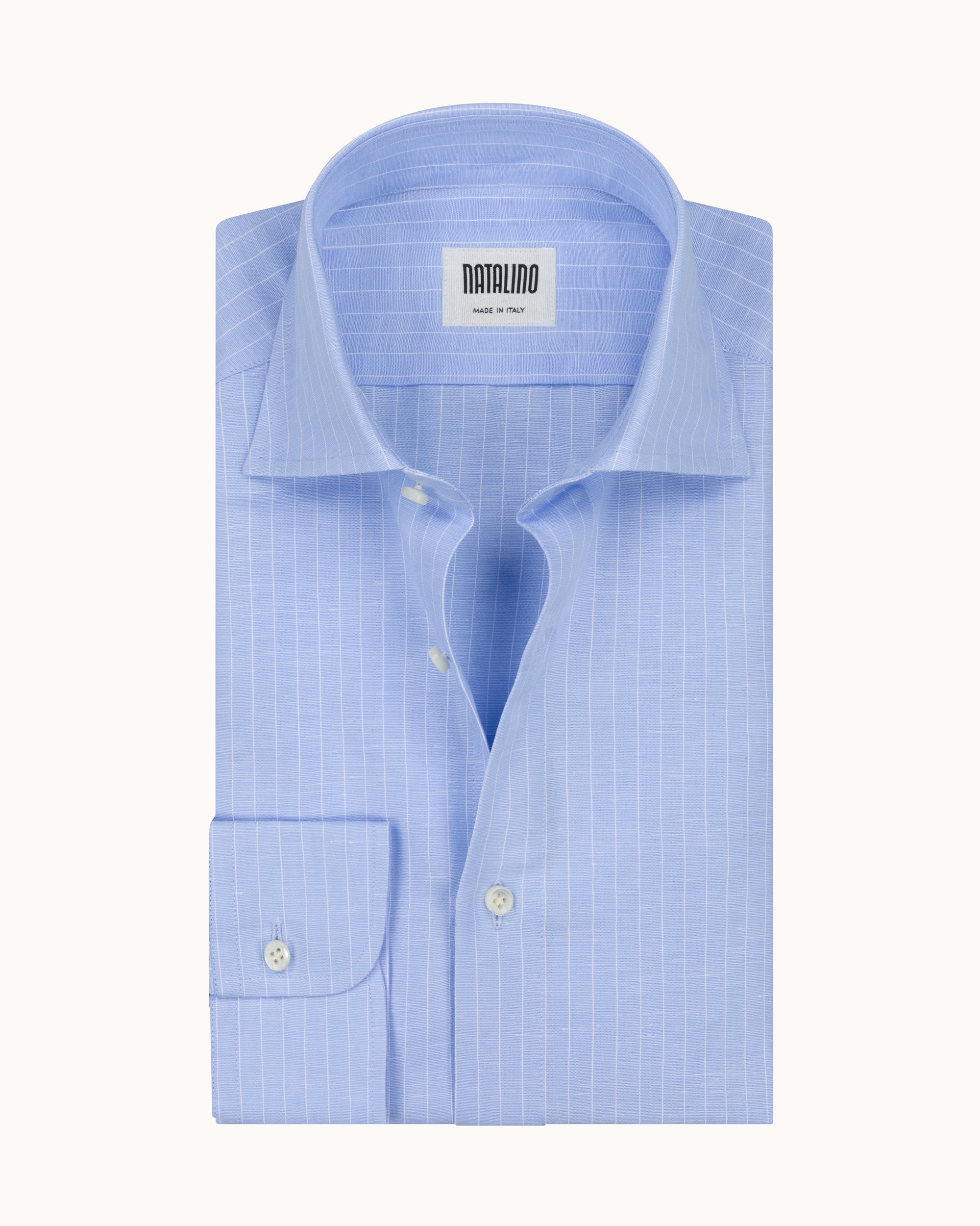Spread Collar Shirt - Blue Pinstripe Cotton Linen