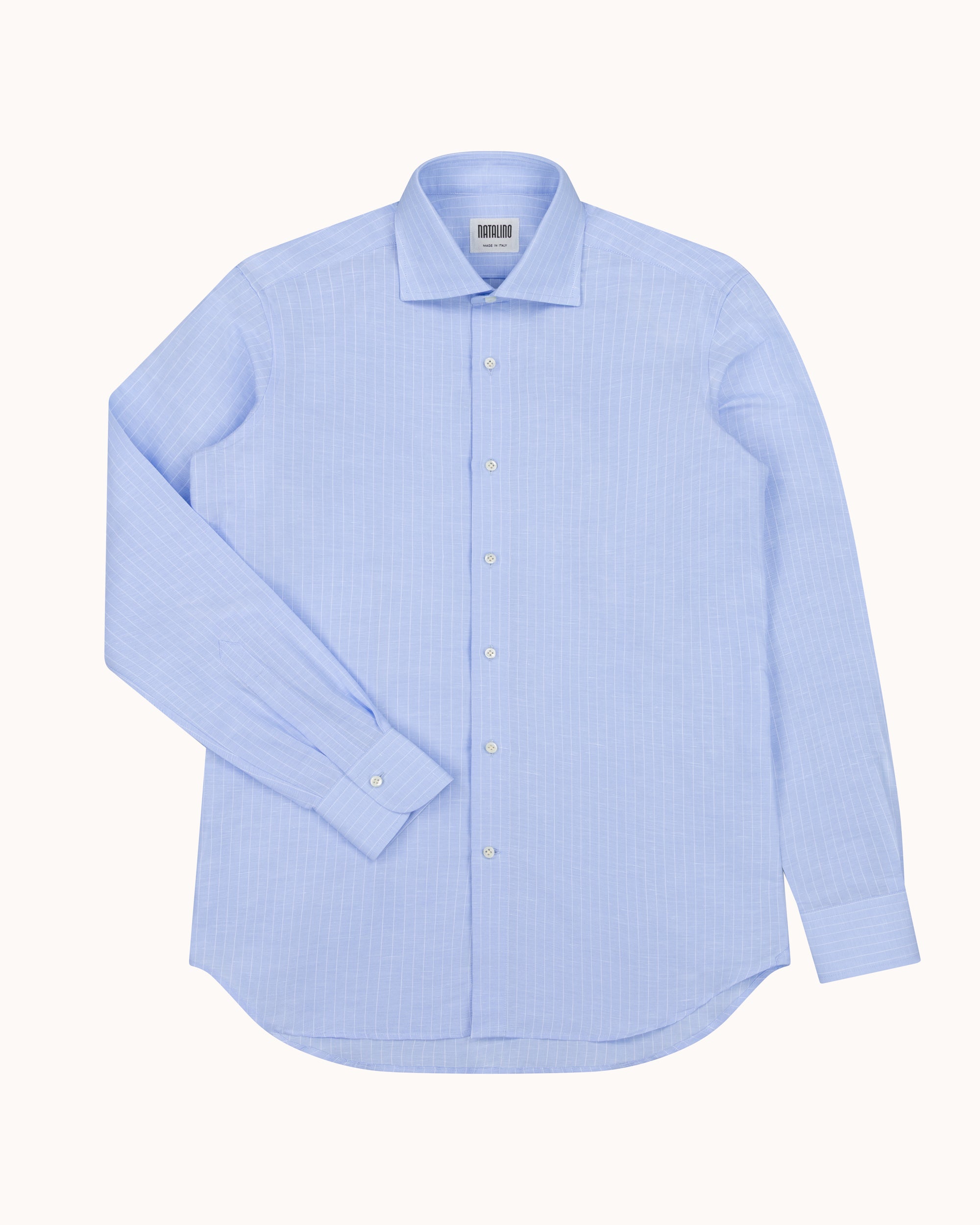 Spread Collar Shirt - Blue Pinstripe Cotton Linen